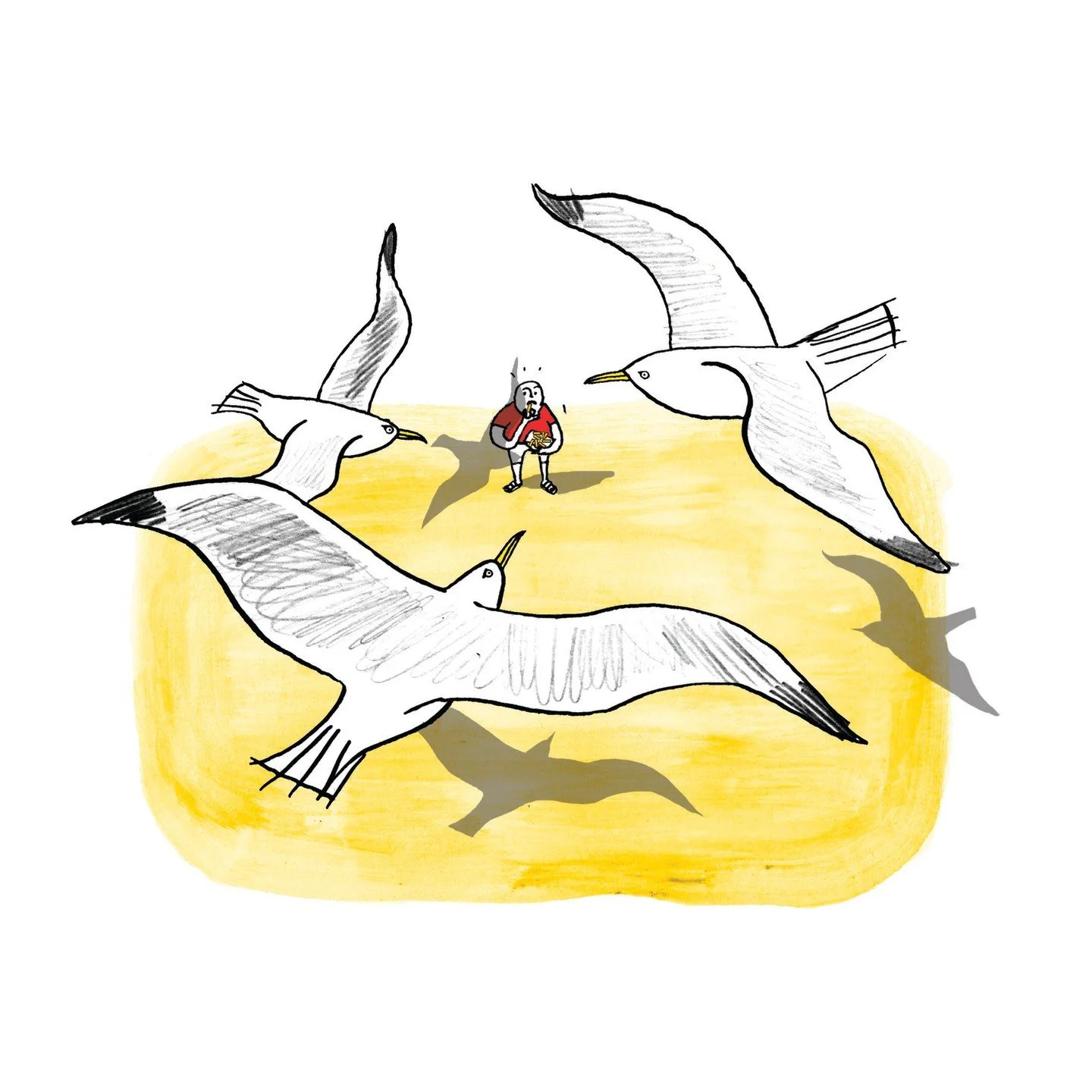 effing seaguls! The other day I saw one swoop down and take a whole chicken wing off a woman's plate before she'd even had a bite outside the pub. She held it together a lot better than I would have.

#summertime #illustration #seagulls #flyingrats #