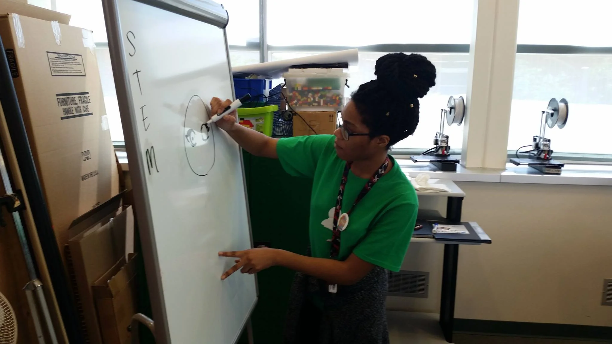 Brittany Pate teaching students how to draw characters using STEM