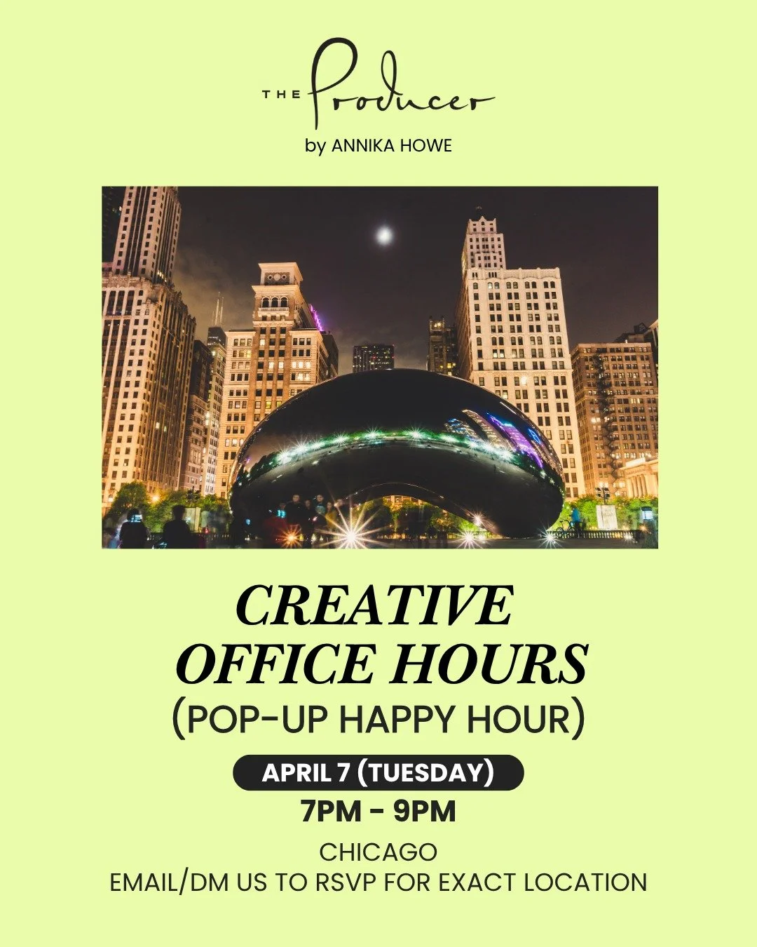 Chicago creatives &mdash; we&rsquo;re back this Tuesday night.

After the amazing response to our Creative Office Hours, we&rsquo;re hosting a Pop-Up Happy Hour &mdash; a more casual evening hang.

🗓️ Tuesday, April 7
🕖 7&ndash;9pm
📍 Chicago &mdas
