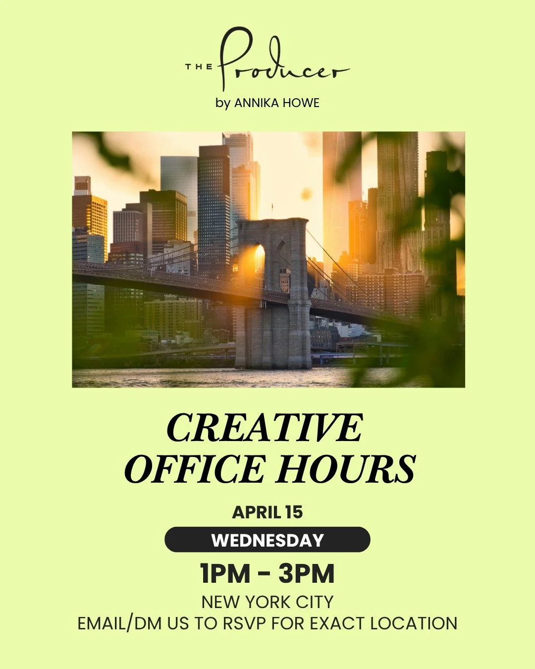 Creative Freelancers in New York &mdash; This Wednesday is for you.

Our next event in our Creative Office Hours series is happening this week &mdash; a casual drop-in session designed for photographers, videographers, directors, stylists, and other 