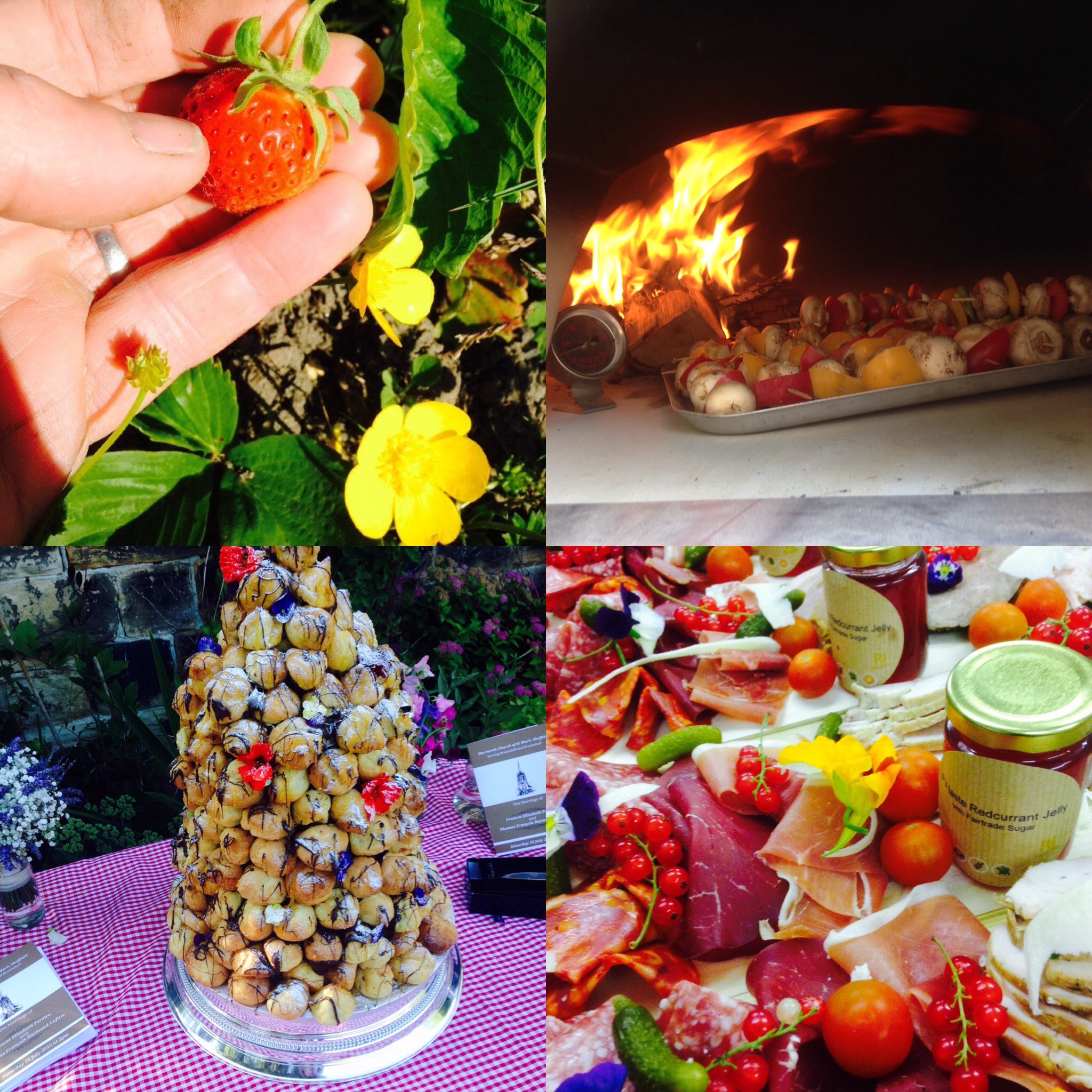Croque en bouchee, meat platters, pizza oven and strawberry picking with PJ taste
