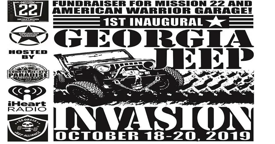 Fundraiser fun ride for American Warrior Garage & Mission 22 RTI Ramps, Jeep flex course, Poker run, Barbie race, Bands & Bonfire, Mud bog, & more to come. There will be raffles held by GA Jeep Alliance as well as we will be holding raffles of our own at the booth! This is a three day event! If you are a veteran and own a Jeep and would like to participate in the initial "parade in" please get with me so we can get that squared away. If you would like to help out with this event please click going and I will contact you when it is time! Thank you!
