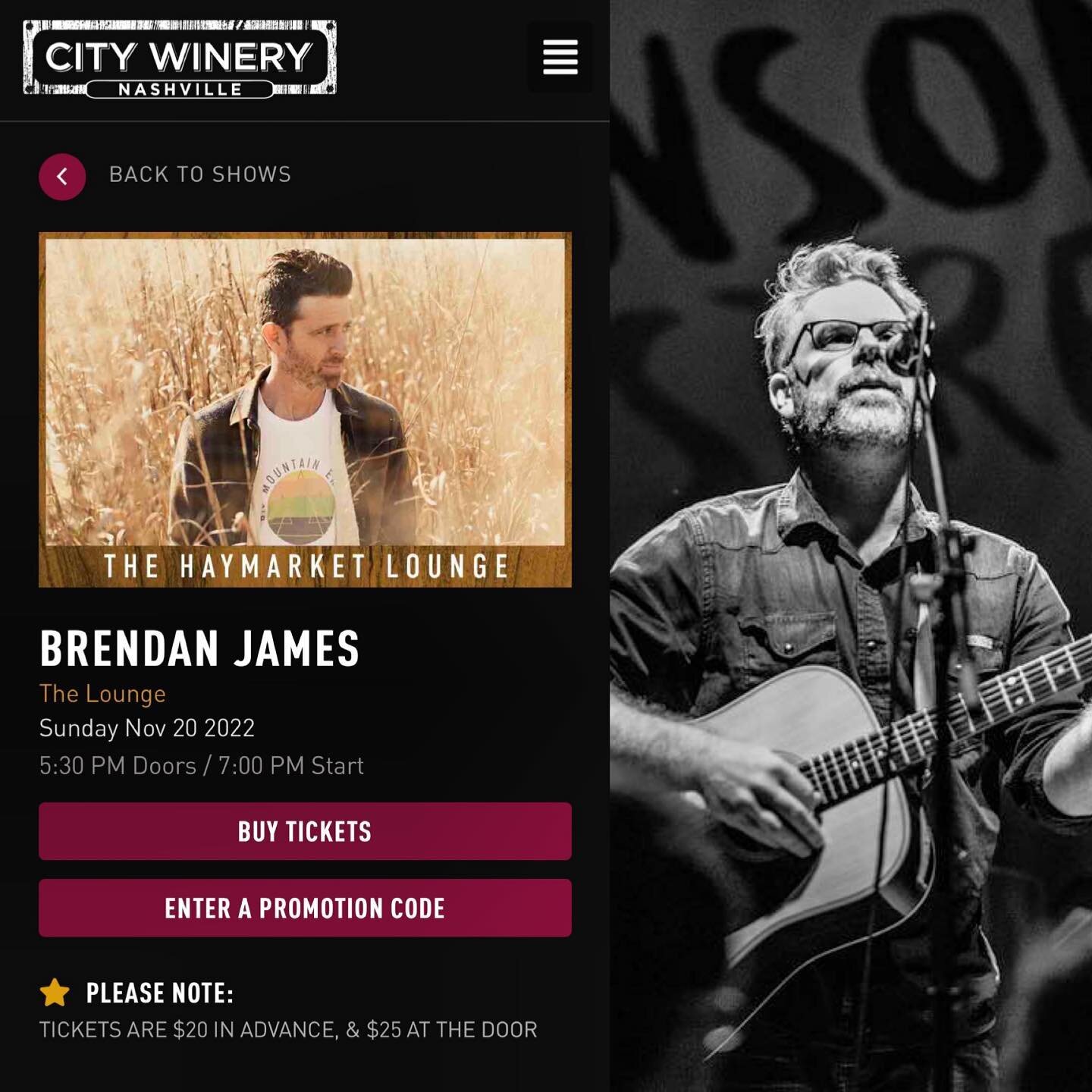 Sunday 11/20 Excited to be opening for @brendanjames_music 
@citywinerynsh @craigmeyersteakhouse Going go be a great show, share with friends! #singalong #nashville #singersongwriters #wine #tickets #drive #behappy @spotify @applemusic @bmi