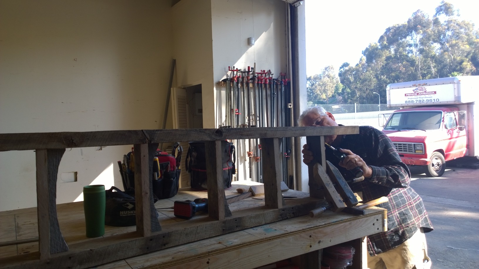 Ed putting finishing touches on a made to order reclaimed wood ladder in our workshop at U.S. Reclaimed, Vintage Lumber & Wood Works!The Finished product turned out beautifully!