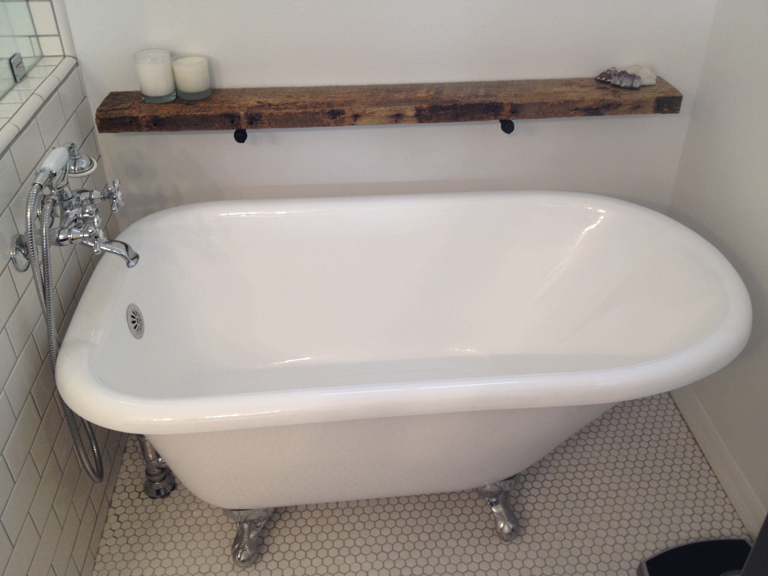 Reclaimed wood bathtub shelf