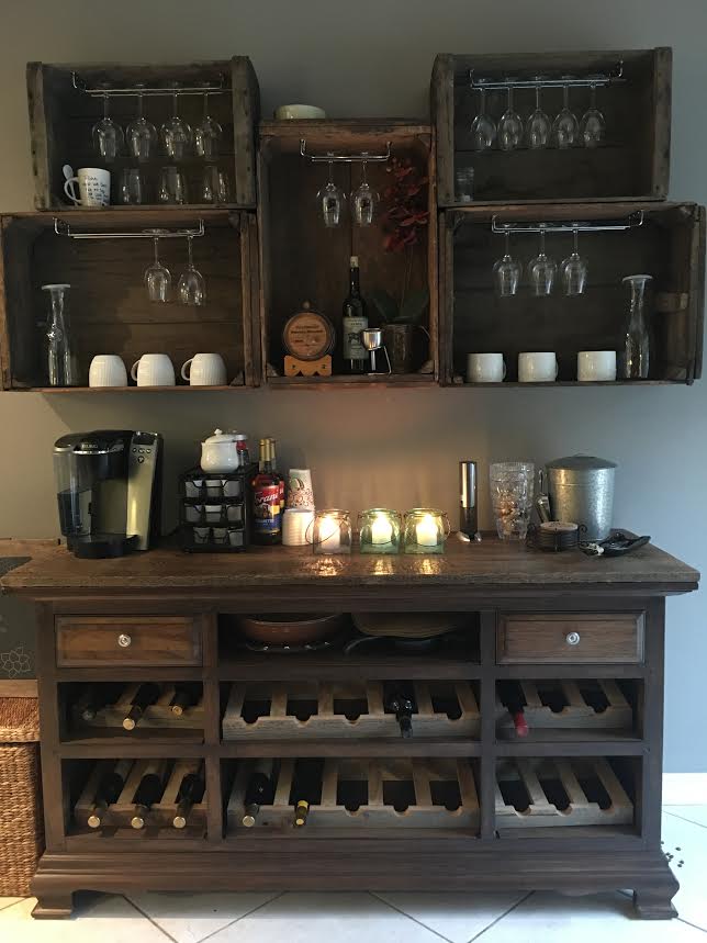 Wine and coffee bar made with our vintage crates and barn boards