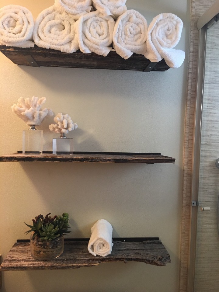 Shelving is a useful and beautiful way to use reclaimed wood pieces. These three shelves are made up of reclaimed wood with lots of character and unique edges. The unique variations in the wood give the area pieces that are rich with age and history. U.S. Reclaimed, Vintage Lumber & Wood Works has many unique reclaimed wood pieces that can be used for shelving and much more. Visit the store for ideas to start your next home project.