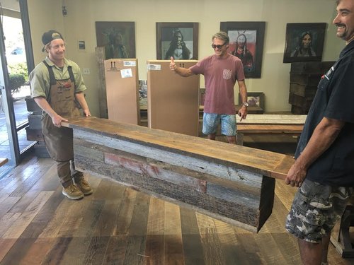 This happy customer is excited about his new wood bench; built with U.S. Reclaimed wood. The reclaimed wood used for this bench was chosen to create a custom and one of a kind piece of furniture. This wood bench is a lifetime piece built to make the customer happy. U.S. Reclaimed, Vintage Lumber & Wood Works appreciates the thumbs up from this satisfied customer. Contact or visit U.S. Reclaimed to get started on your custom piece. We are here to make our customers happy!