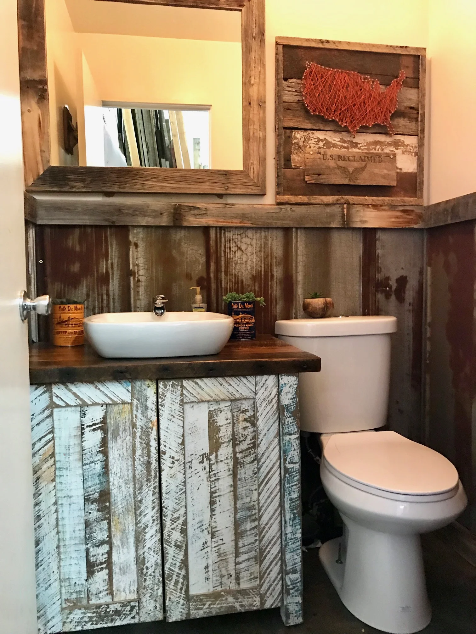 Update any restroom with reclaimed! U.S. Reclaimed, Vintage Lumber and Wood Works offers a variety of reclaimed wood to get started with your vintage projects. Reclaimed wood looks great and works great in any room: including restroom/bathrooms! Visit the store or contact us to get started with your reclaimed wood project; we look forward to working with you!