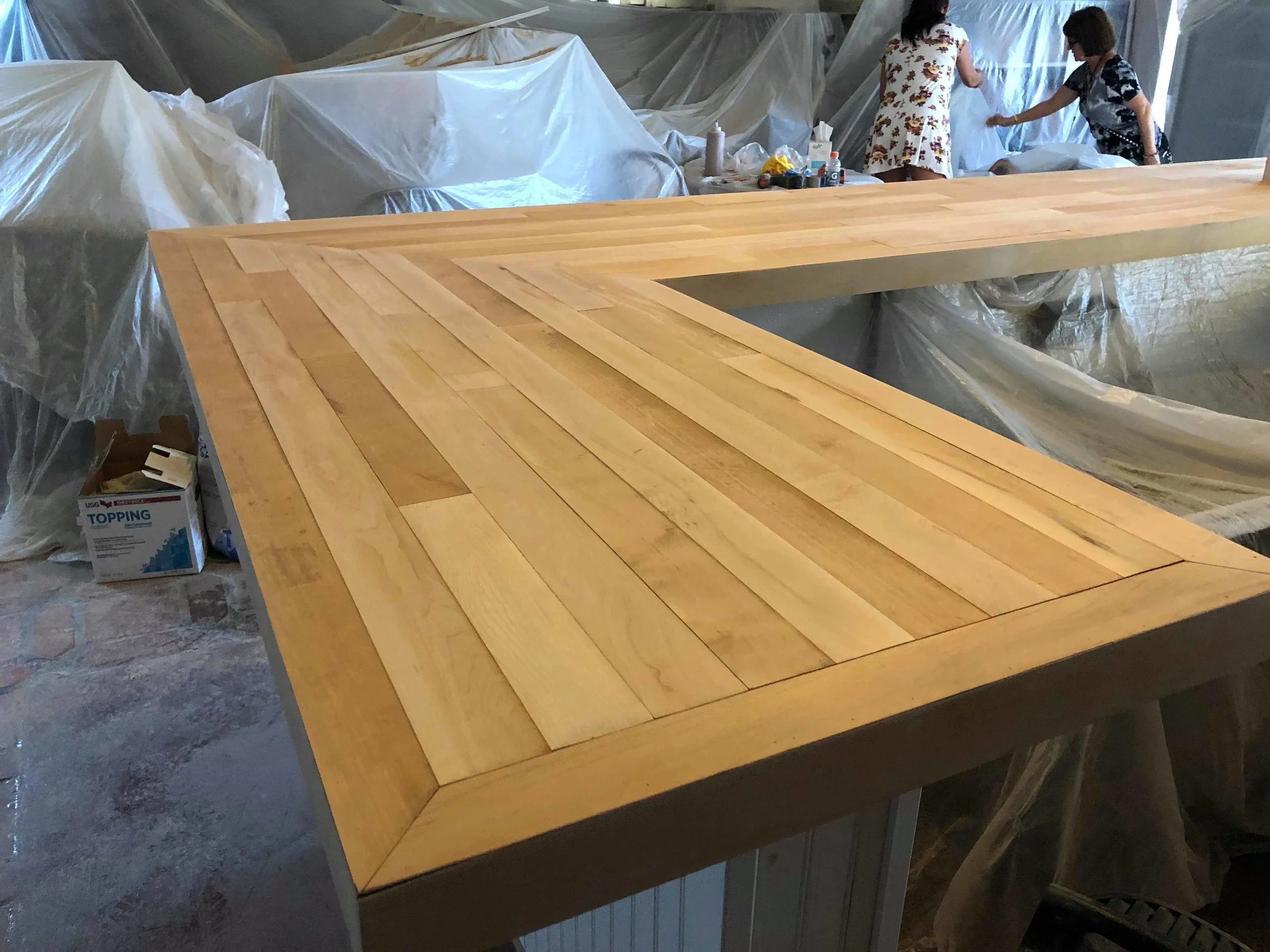 Reclaimed basket ball courts re-purposed into counter tops!