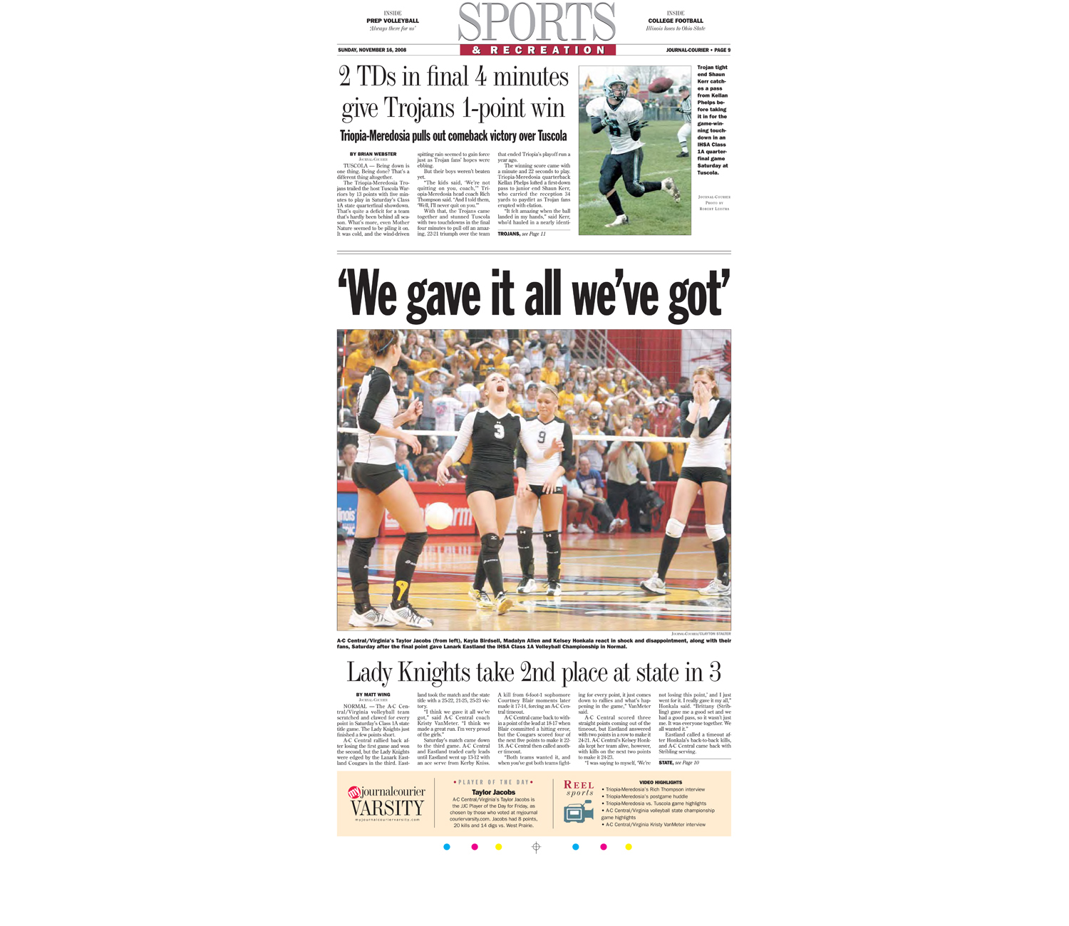  Daily coverage of A-C Central High School's loss in the second day of the IHSA Girls Volleyball State Tournament. 