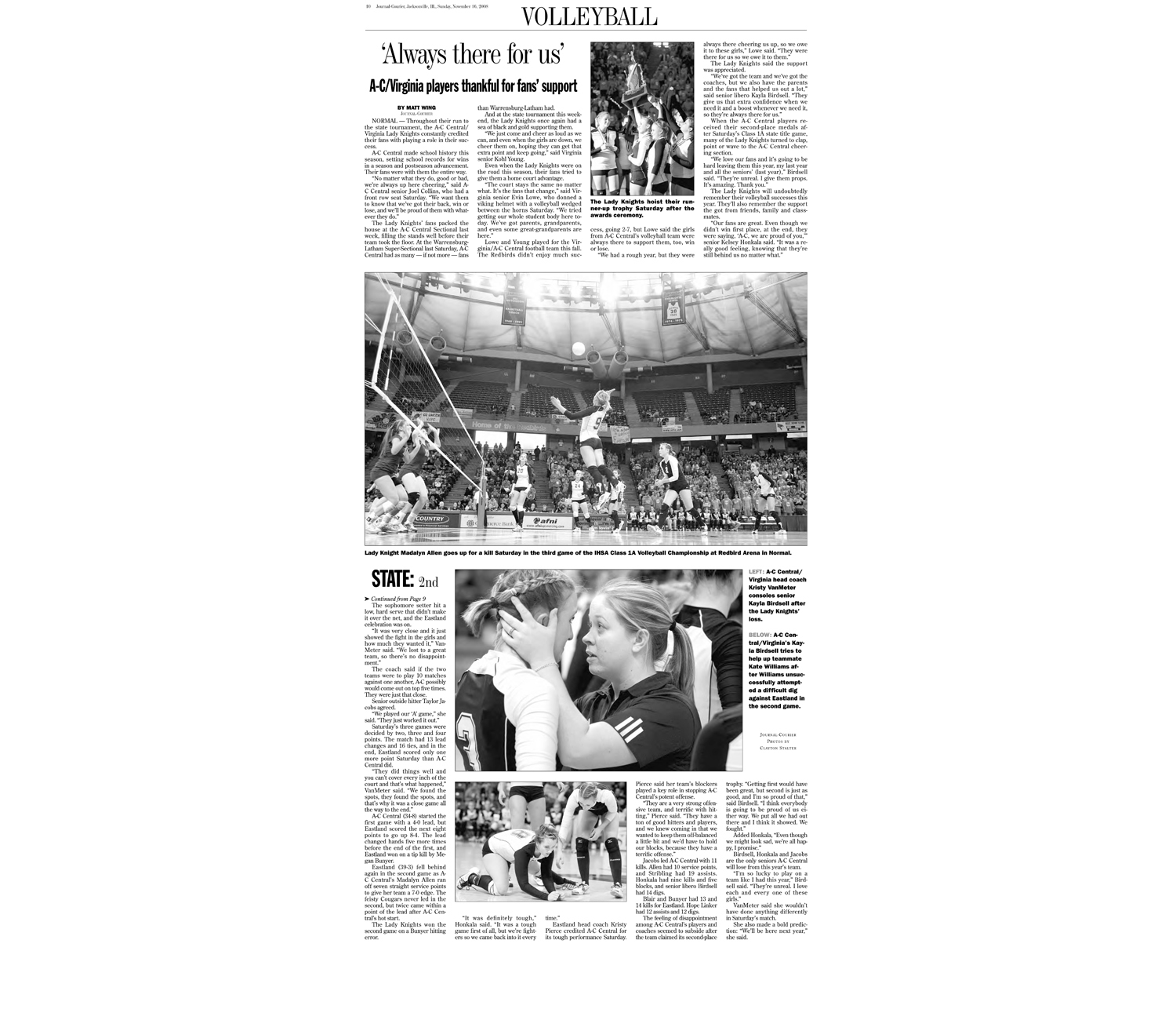  Inside page daily coverage of A-C Central High School's loss in the second day the IHSA Girls Volleyball State Tournament. 