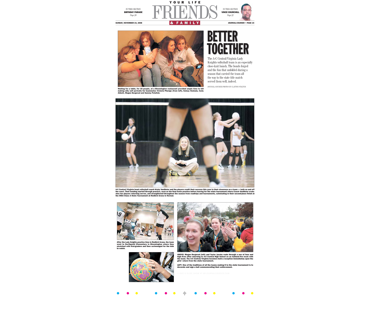  Feature page on the team camaraderie of the A-C Central High School's girls volleyball team. 
