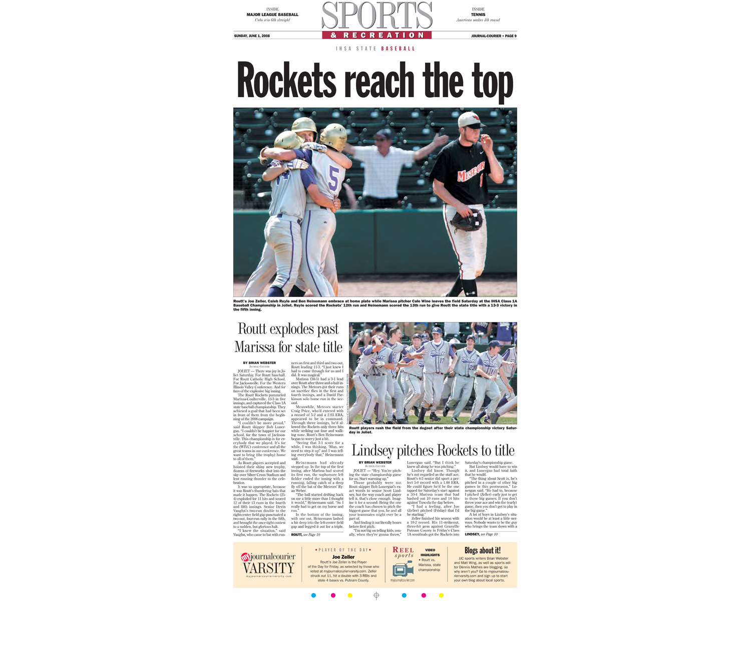  Daily coverage of the Routt Catholic High School's victory in the IHSA State Baseball Tournament. 