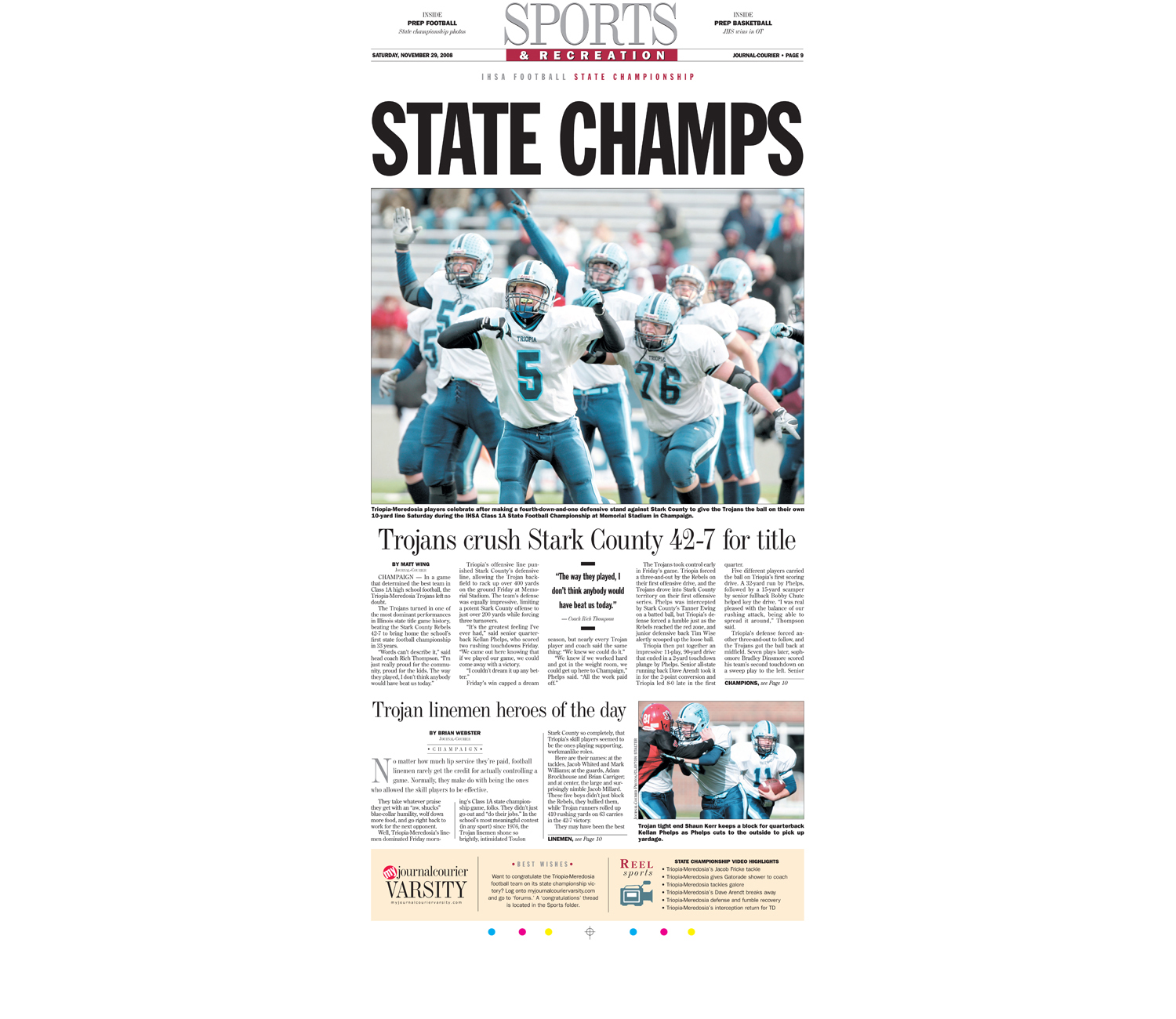  Dailly coverage of Triopia High School's victory to clench the IHSA State Football title. 