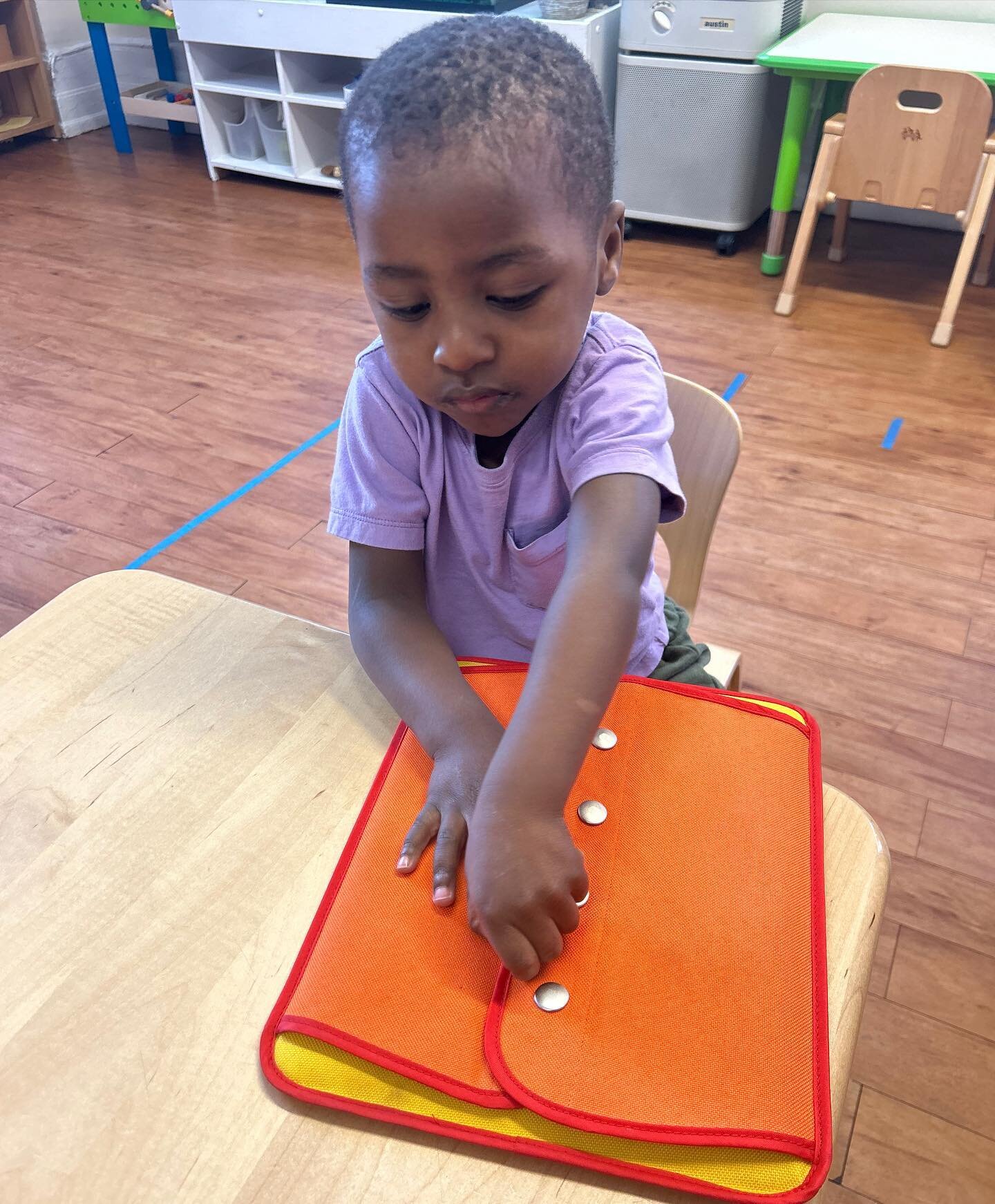 Dressing Frames are a staple on the Practical Life shelves in a Montessori classroom. They allow children to practice a variety of closures they might encounter on different types of clothing. Children in our Toddler Program begin by working on zippi
