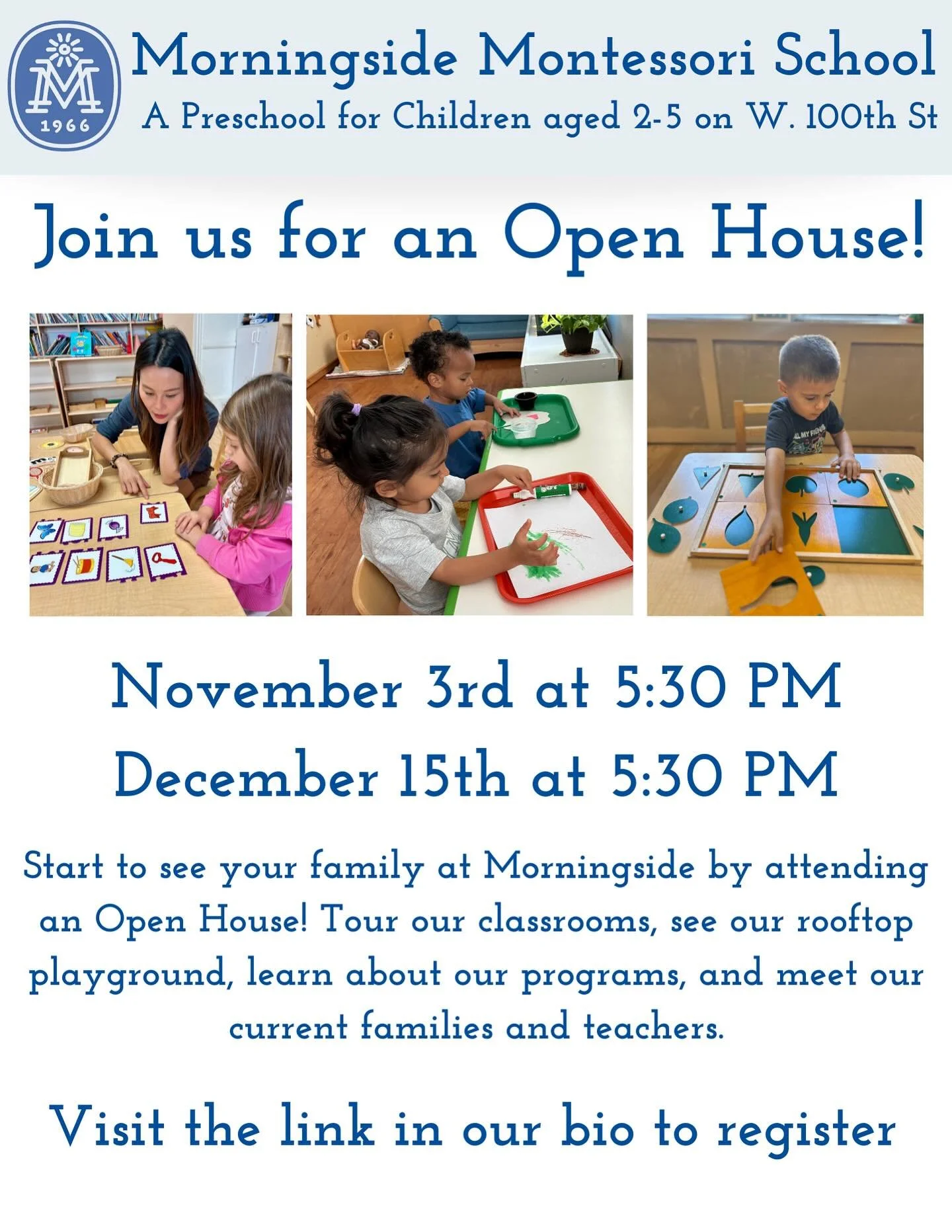 Interested in learning more about Morningside Montessori? Join us for an upcoming Open House on November 3rd or December 15th! Register at the 🔗 in bio.