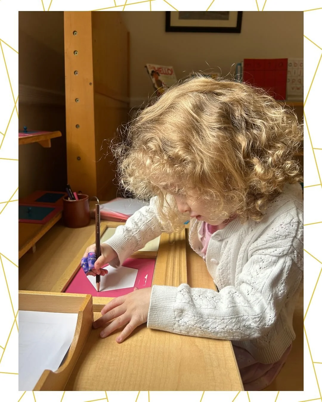 Metal insets are a classic Montessori work that prepares children for handwriting. Tracing the metal inset requires hand-eye coordination, fine motor control, dexterity, and concentration. Once the child has traced the shape with a colored pencil the
