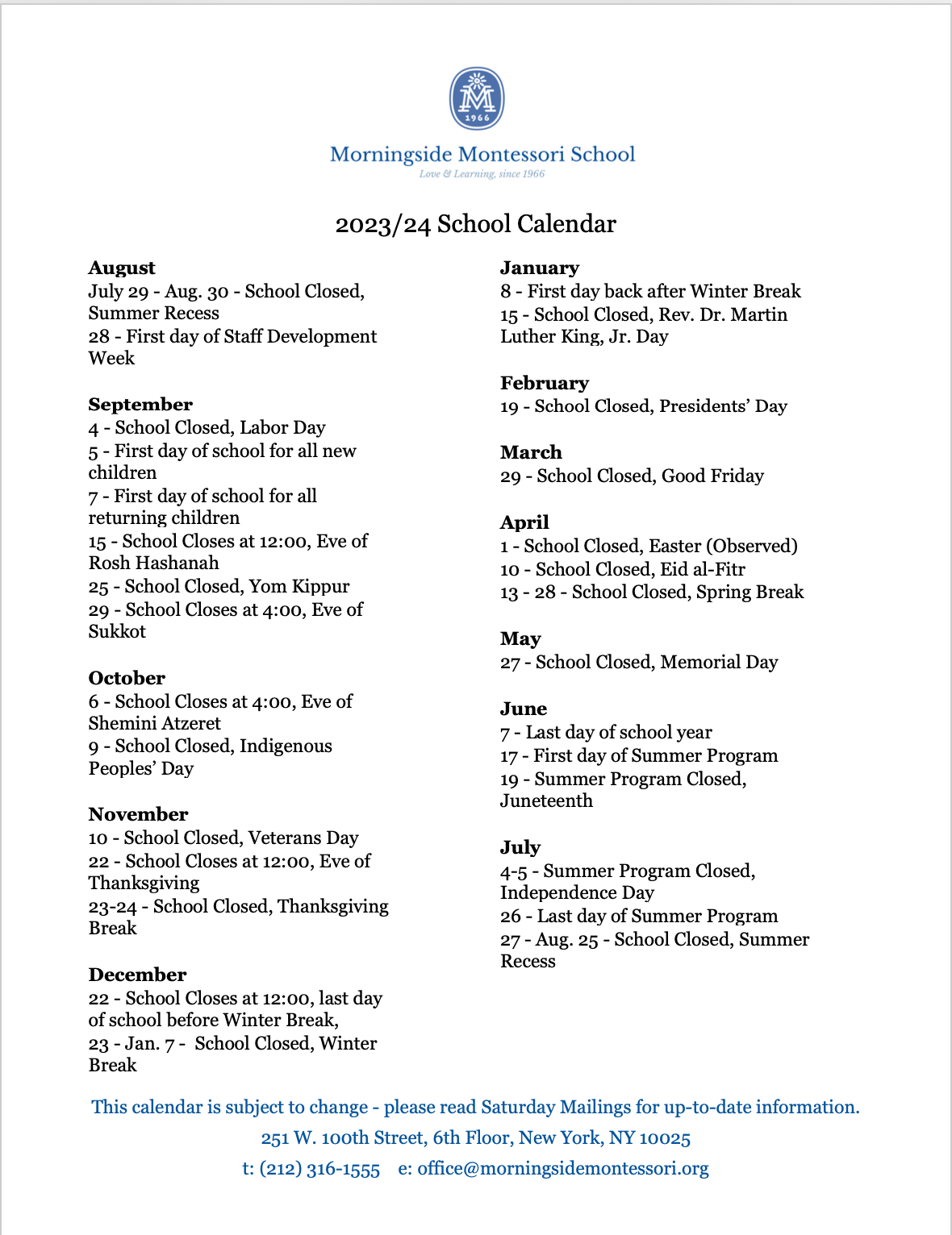 School Calendar โ Morningside Montessori School School Calendar โ Morningside Montessori School