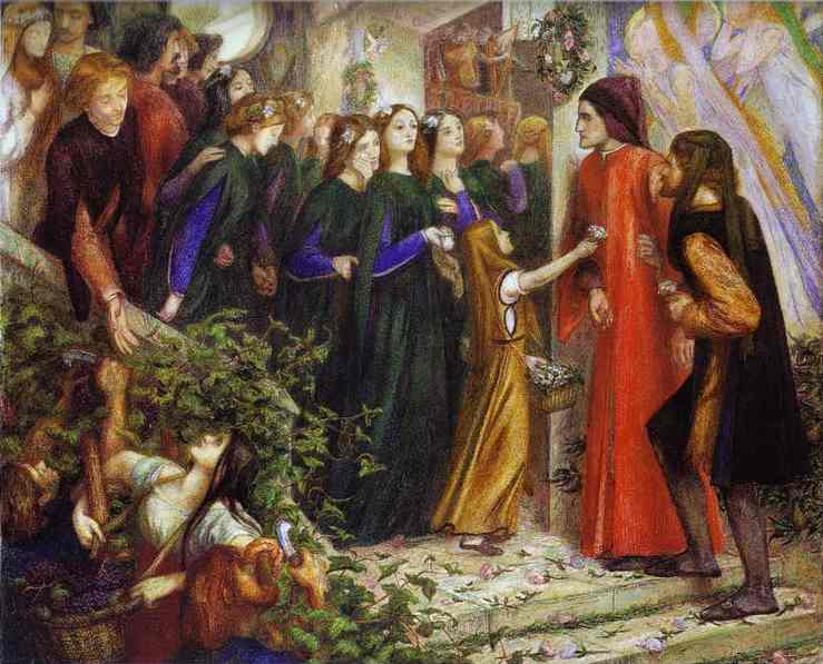 Beatrice Meeting Dante at a Marriage Feast, Denies Him Her Salutation, by Dante Gabriel Rossetti. Lizzie Siddal was the model for Beatrice.