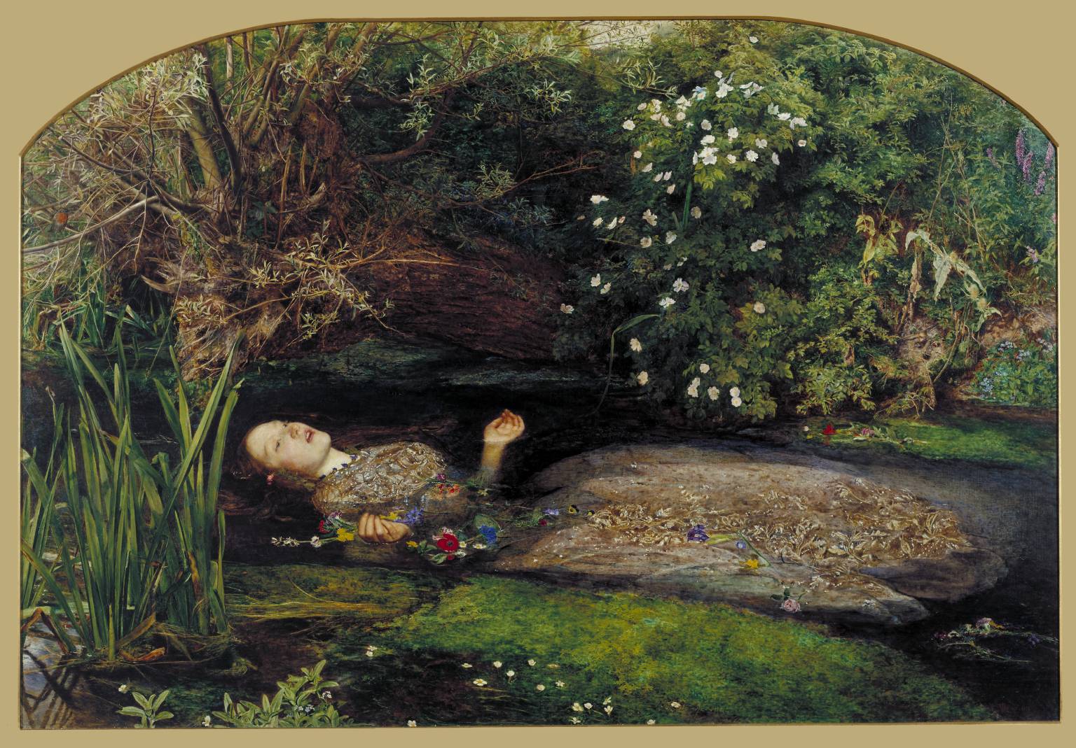 Ophelia, by John Everett Millais.  Lizzie Siddal was the model for Ophelia, and became ill after staying too long in a tub of cold water in order to create a realistic model for the painting.