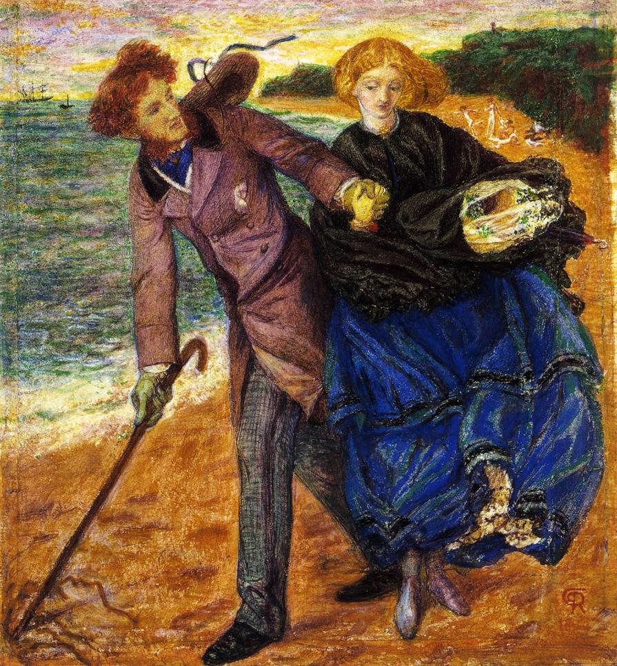 Writing on the Sand, by Dante Gabriel Rossetti, depicts two lovers at the seaside. Siddal may have been the model for the woman. 