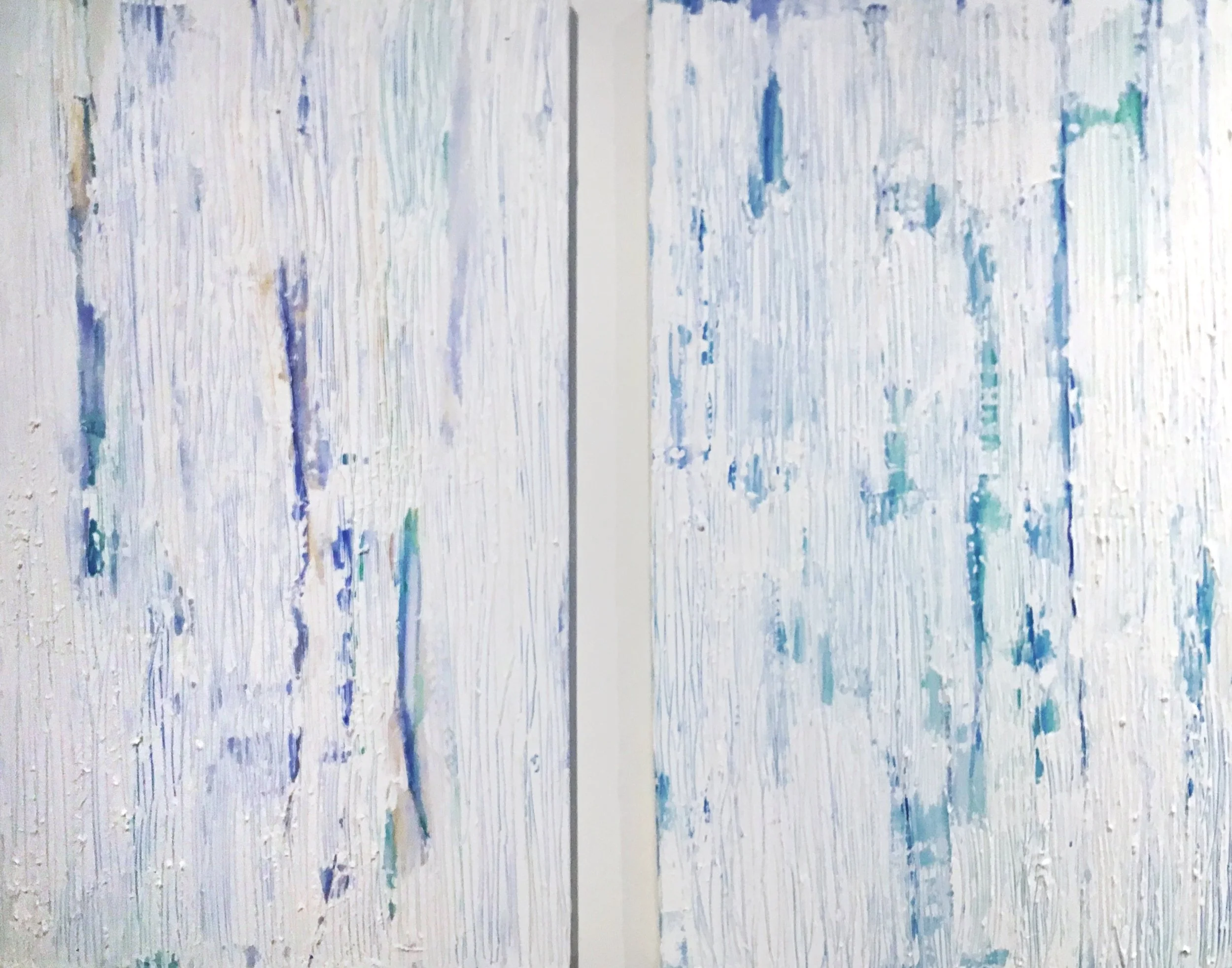  Annie Shinn (L)  Swell,  2018 ; (R)  Surge , 2018 Acrylic, mixed media on canvas 48 x 30 in each 
