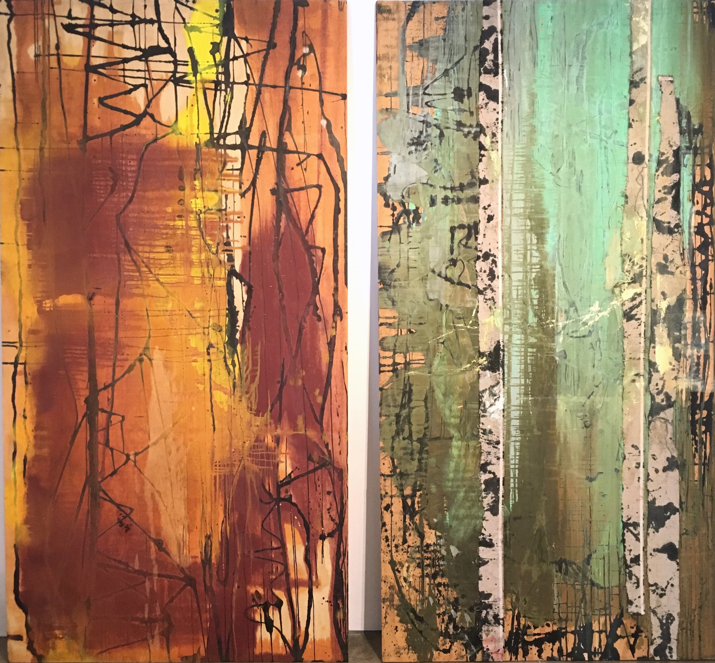  Annie Shinn (L)  Cypress  ; (R)&nbsp; Live Oak , 2017 Oil, ink, on wood panel 96 x 48 in each 