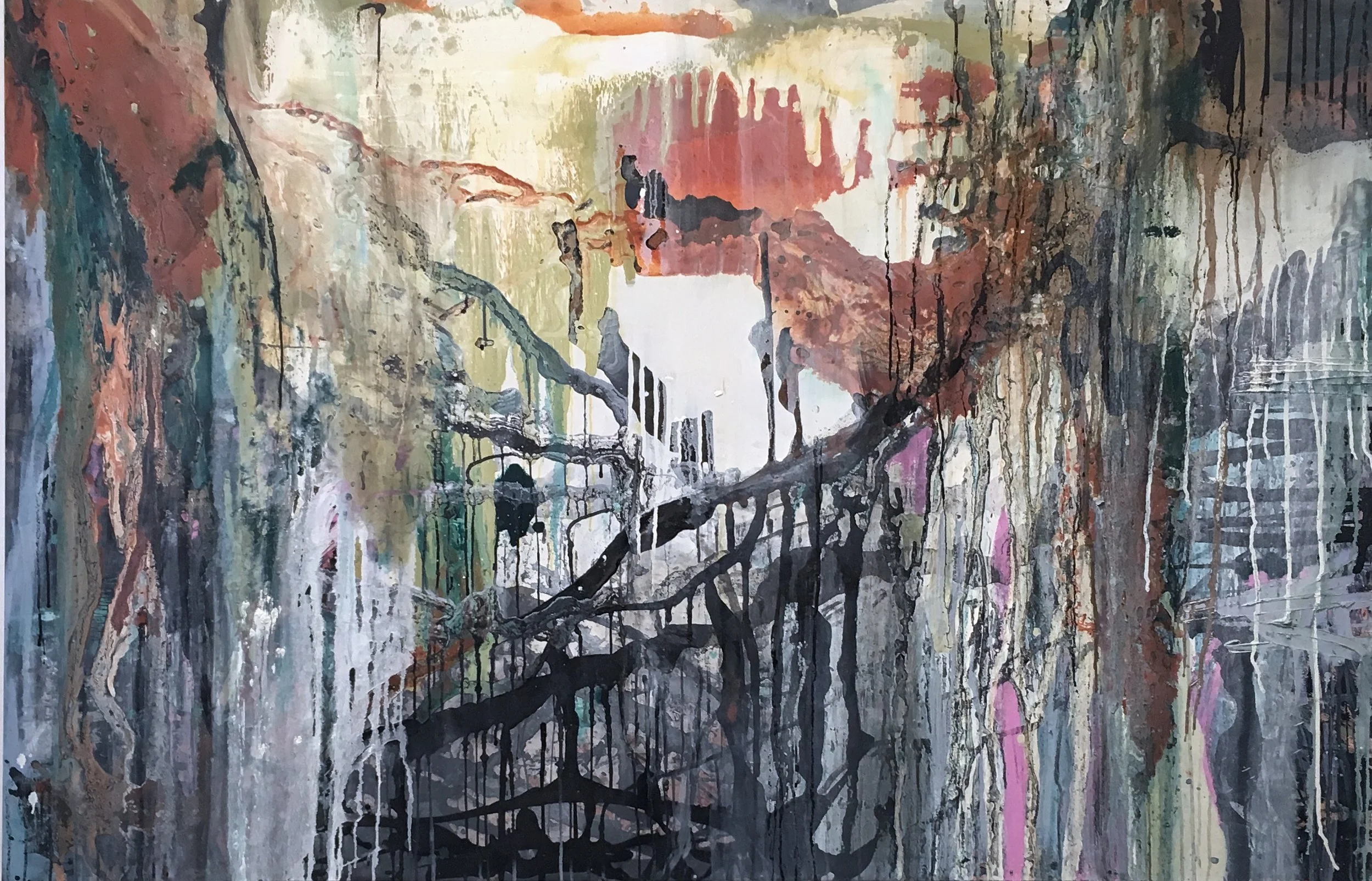  Annie Shinn  Gravity,  2017 Oil, ink, on canvas 48 x 72 in 