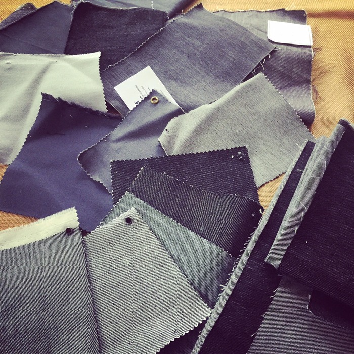 A sampling of the dozens of gray cotton-twill fabrics/ finishes that we've evaluated for final production