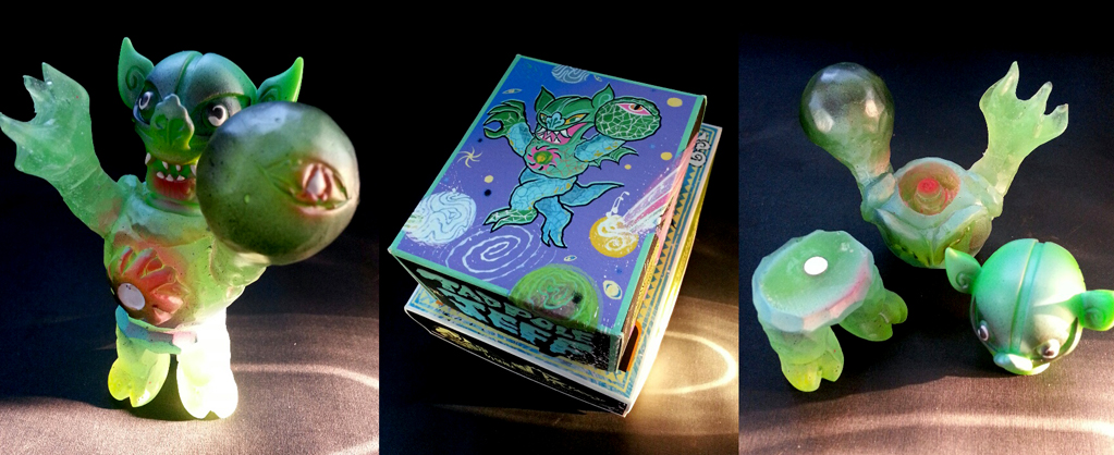 Here come tadpole jeff. Would you be friends with this troublemaker. 3 stoopendous points of articulation. Magnetic. Oh my garsh! Jelly Factory/Gravy Toys co-branded piece. How could this be? Comes in his own fantastical box. Whaaat?