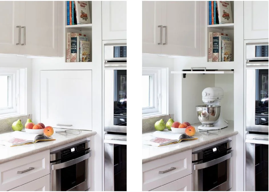  The client loves to cook but didn’t want her counters cluttered with appliances. We created this nook with an electrical outlet to hide a KitchenAid mixer and other small appliances.&nbsp; 