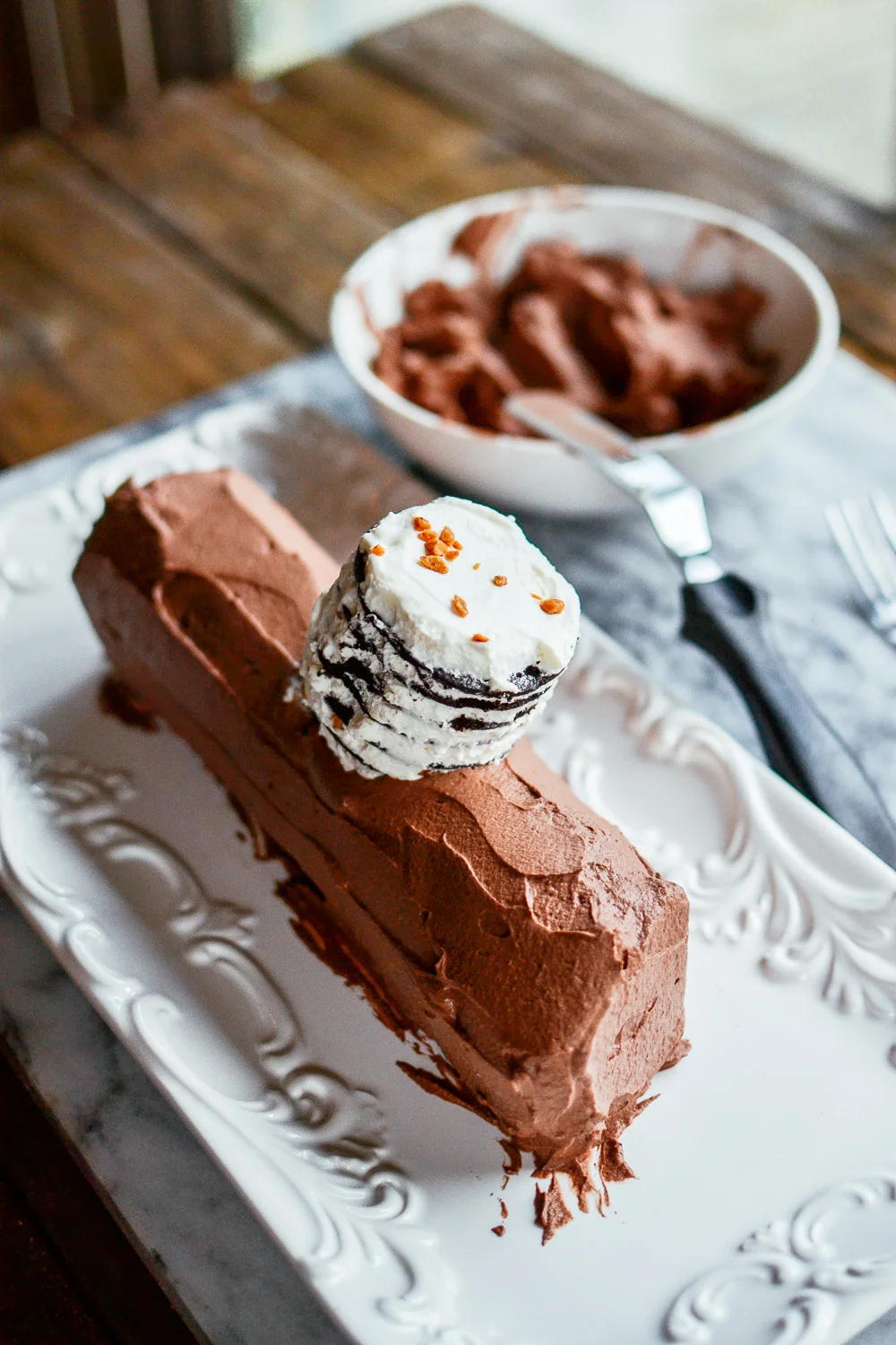 chocolate caramel yule log cake — the farmer's daughter let's bake