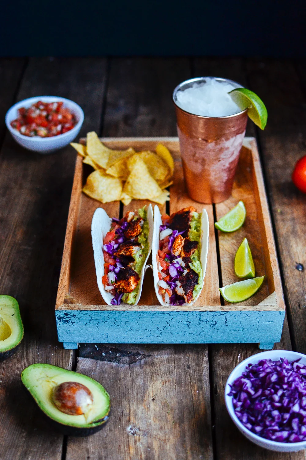 blackened fish tacos with homemade guacamole and pico de gallo — the