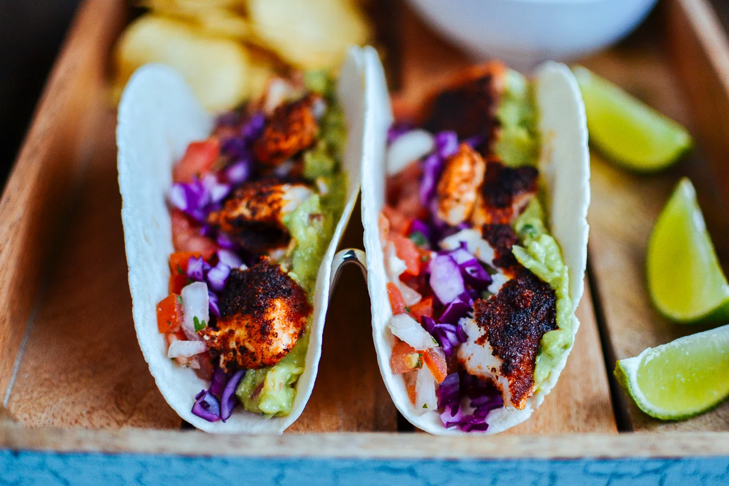 blackened fish tacos with homemade guacamole and pico de gallo — the