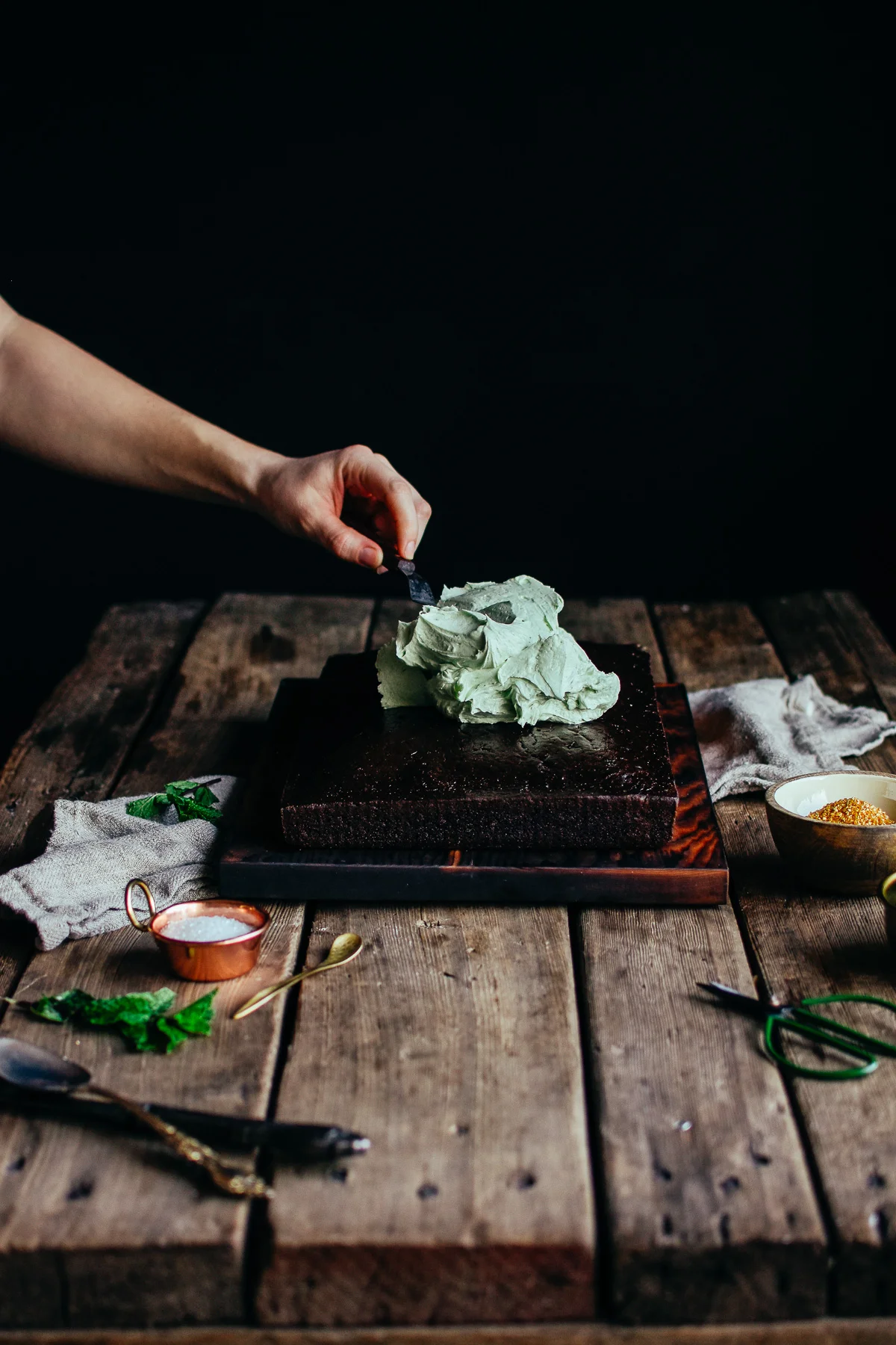 fresh mint frosting on a chocolate sheet cake subtle st. patrick's