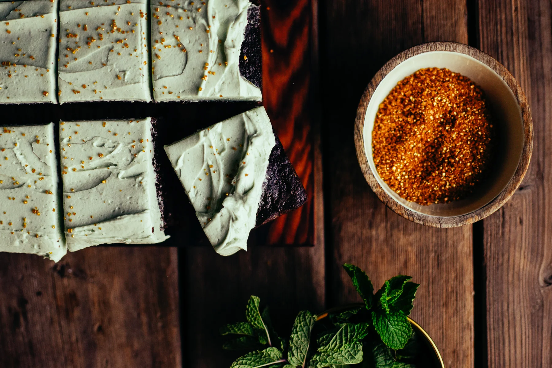fresh mint frosting on a chocolate sheet cake subtle st. patrick's