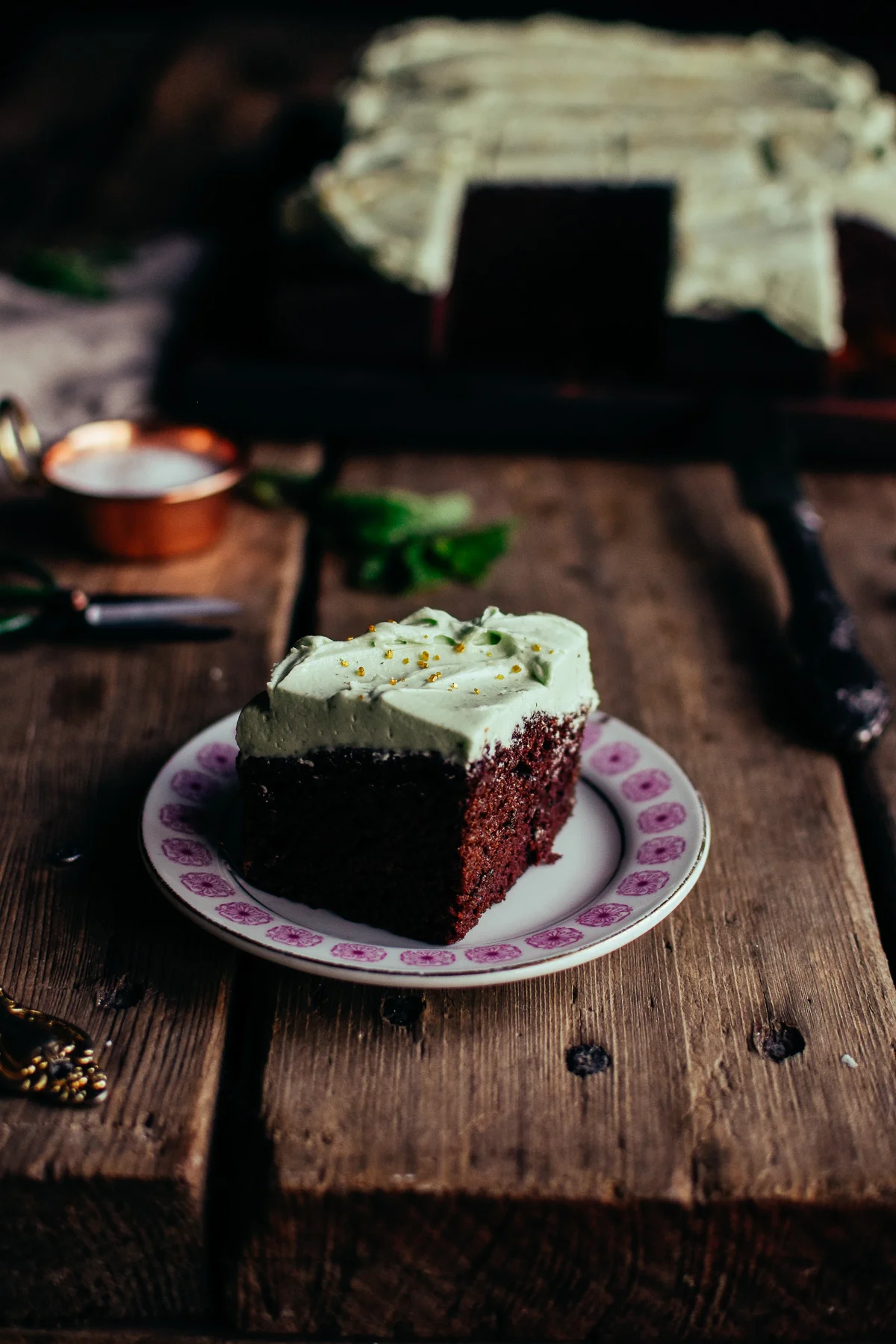 fresh mint frosting on a chocolate sheet cake subtle st. patrick's