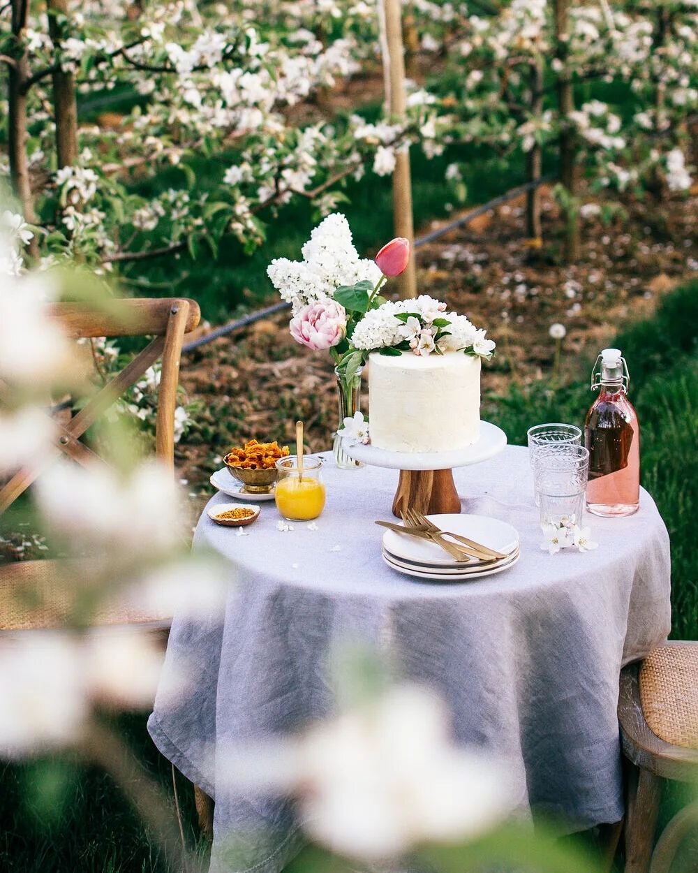 Orange blossom cake with orange blossom swiss meringue frosting and a lemon curd filling ✨️ 
A perfect cake for spring 🧡

Recipe is linked in my profile 😌

#springbaking #blossoms #orchardviews #farmgirlbakes