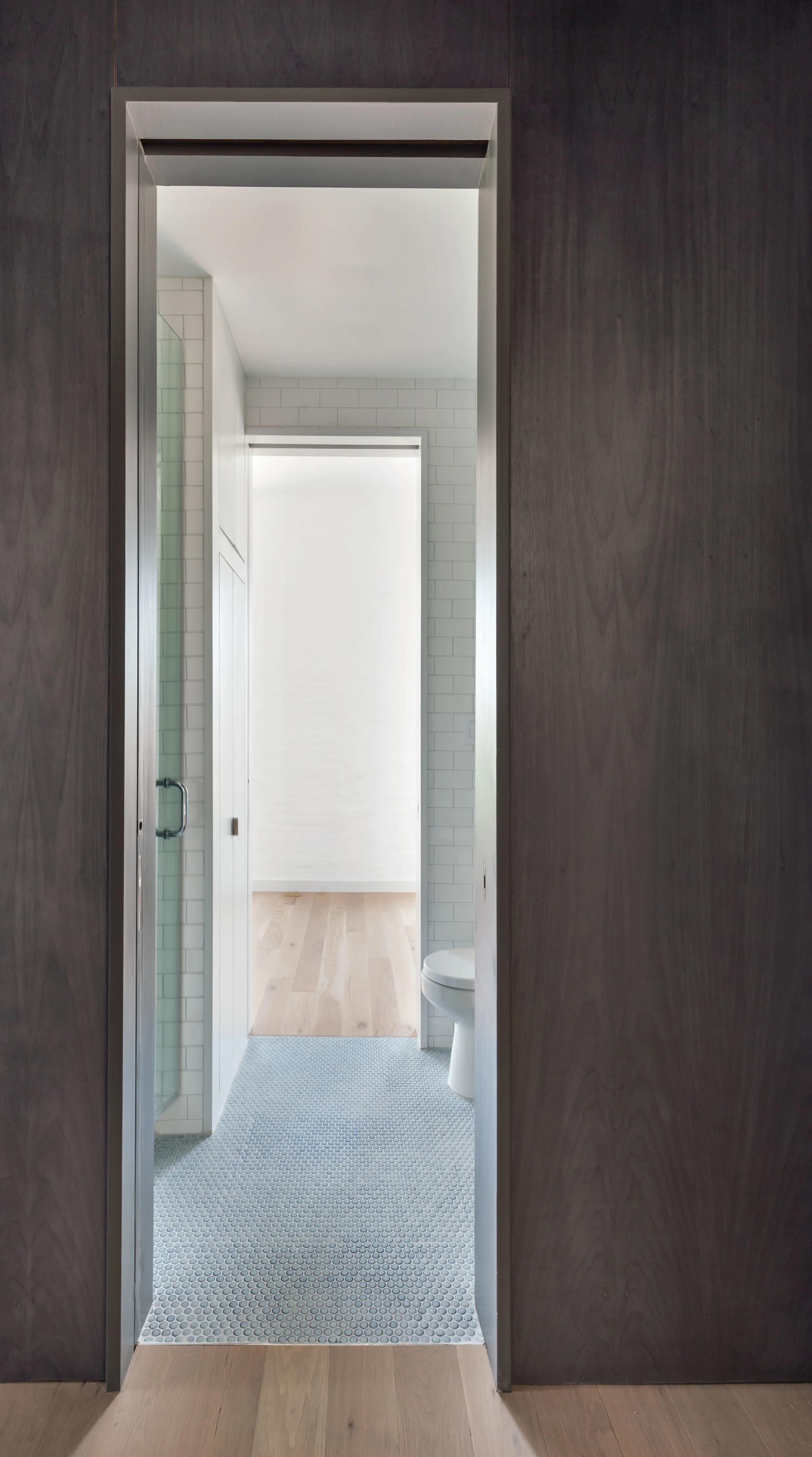 Layering of color, texture and light: view from master bedroom to guest bedroom through guest bathroom with double-pocket doors.