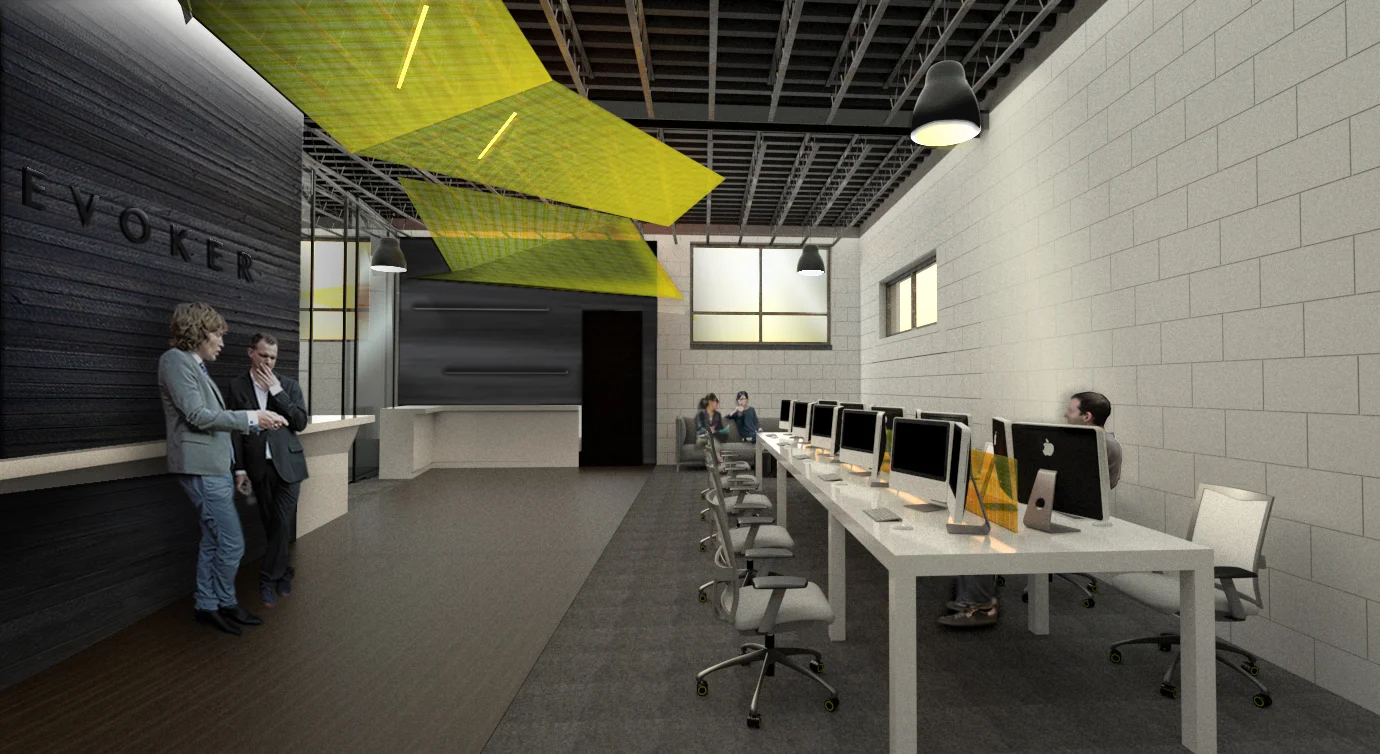 BLACK BOX SCREENING ROOM + OPEN OFFICE: Angular suspended ceiling planes back-lit with linear architectural LED lighting define wayfinding throughout the space, connecting administrative and editor suites.