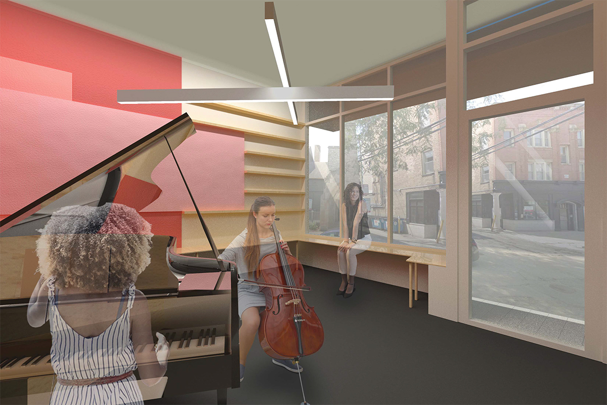 PERFORMANCE ROOM AT STOREFRONT: The only existing space to remain, weetu designed integrated wood benches for viewers within the larger performance room, which also allow for additional waiting space along the storefront when the room is not in use. Vibrant magenta tones and acoustic panels are layered on the wall, referencing ACM's magenta brand color within the existing logo.