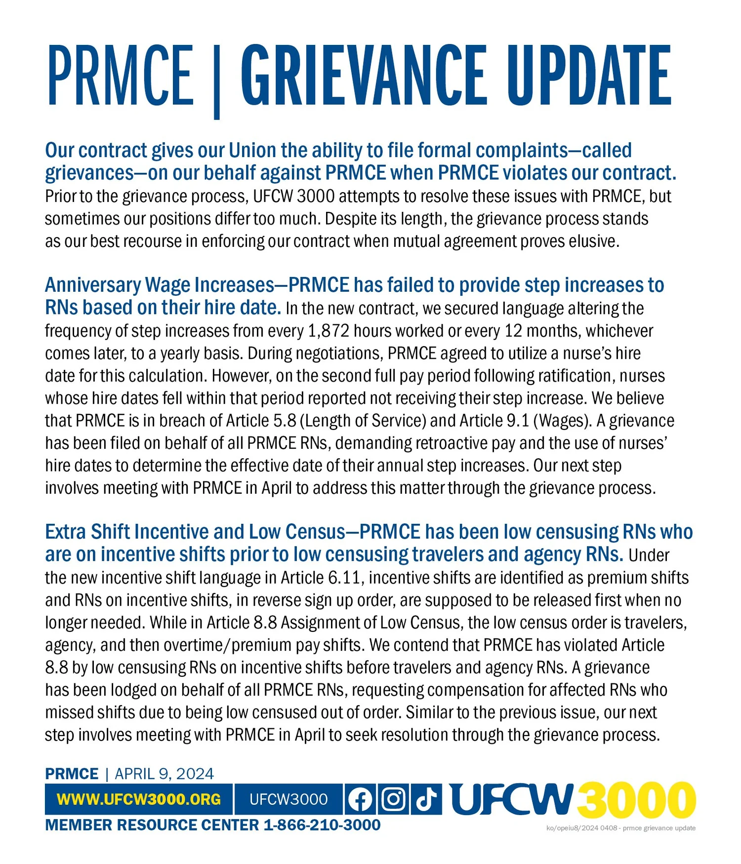 PRMCE - Grievance Update — UFCW 3000
