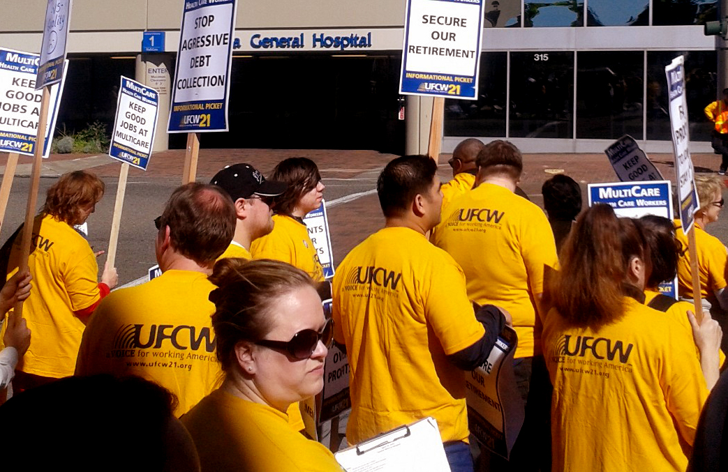 MultiCare members take part in an informational picket outside of of tacoma general hospital on thursday april 16, 2015.