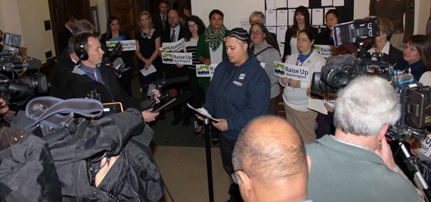 Ariana Davis (shown here), a UFCW 21 grocery member from Safeway and Jane Teske, a UFCW 21 health care member from Providence both spoke at the kick off press conference this morning in the Washington Secretary of State's office after the initiative was officially filed.