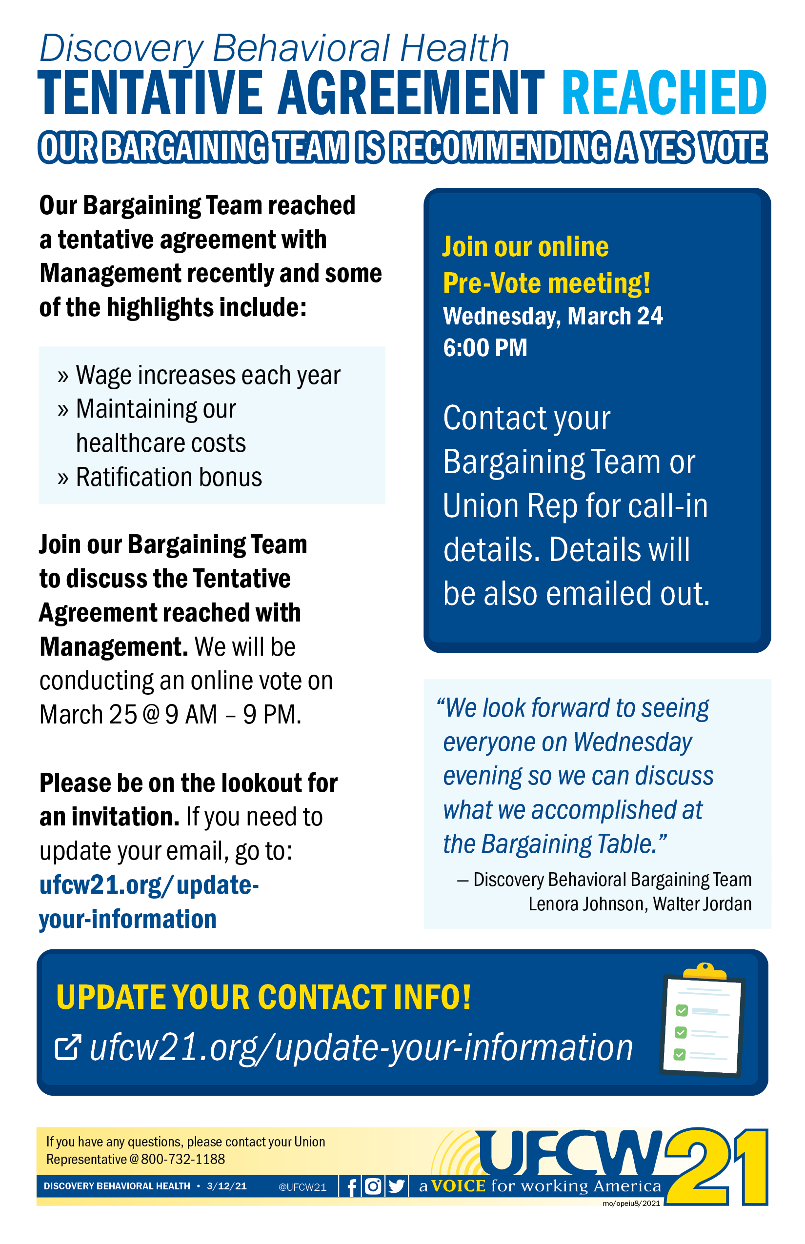 Discovery Behavioral Health - Tentative Agreement Reached — UFCW 3000
