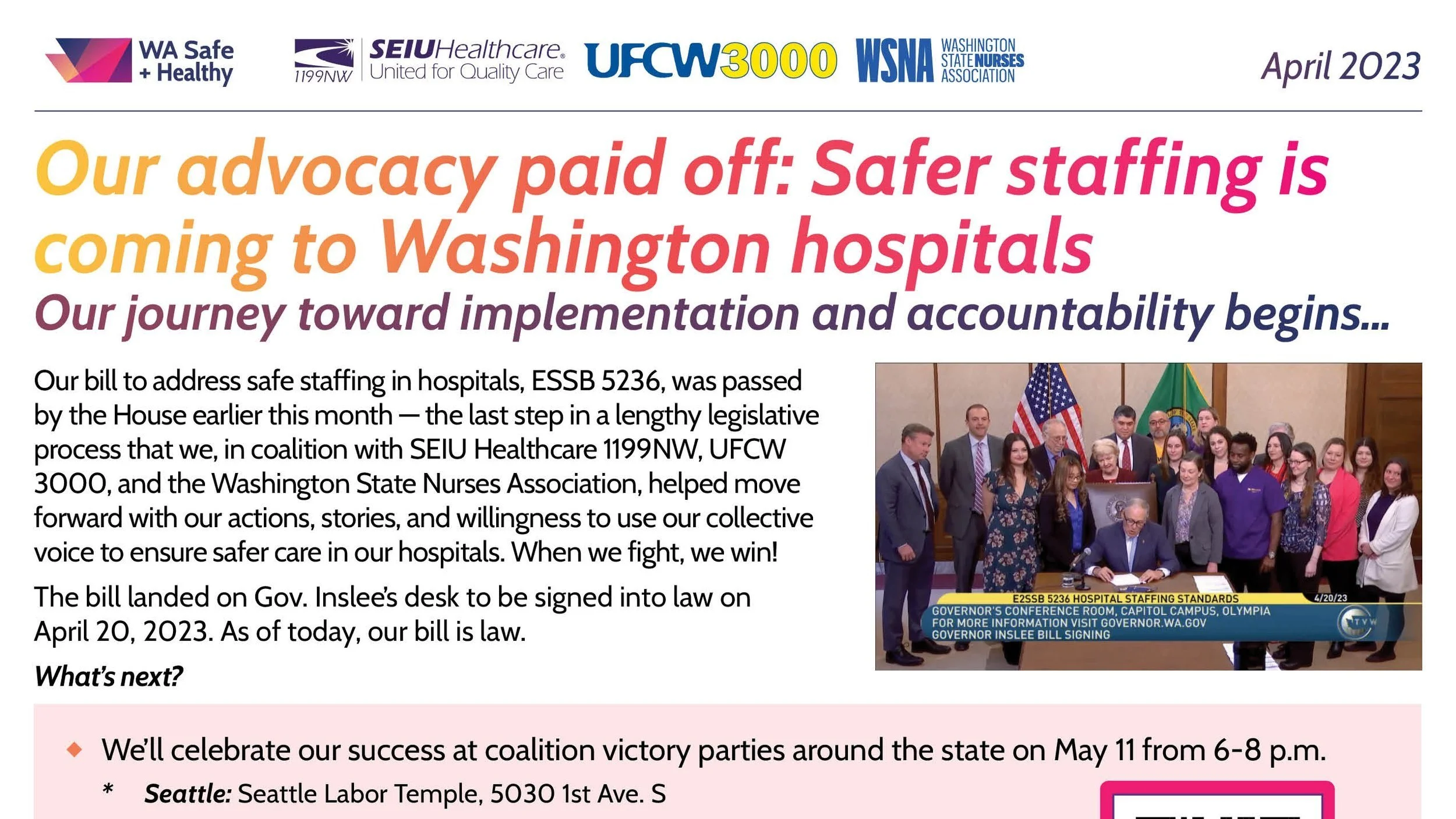 Our advocacy paid off: Safer staffing is coming to Washington hospitals!
