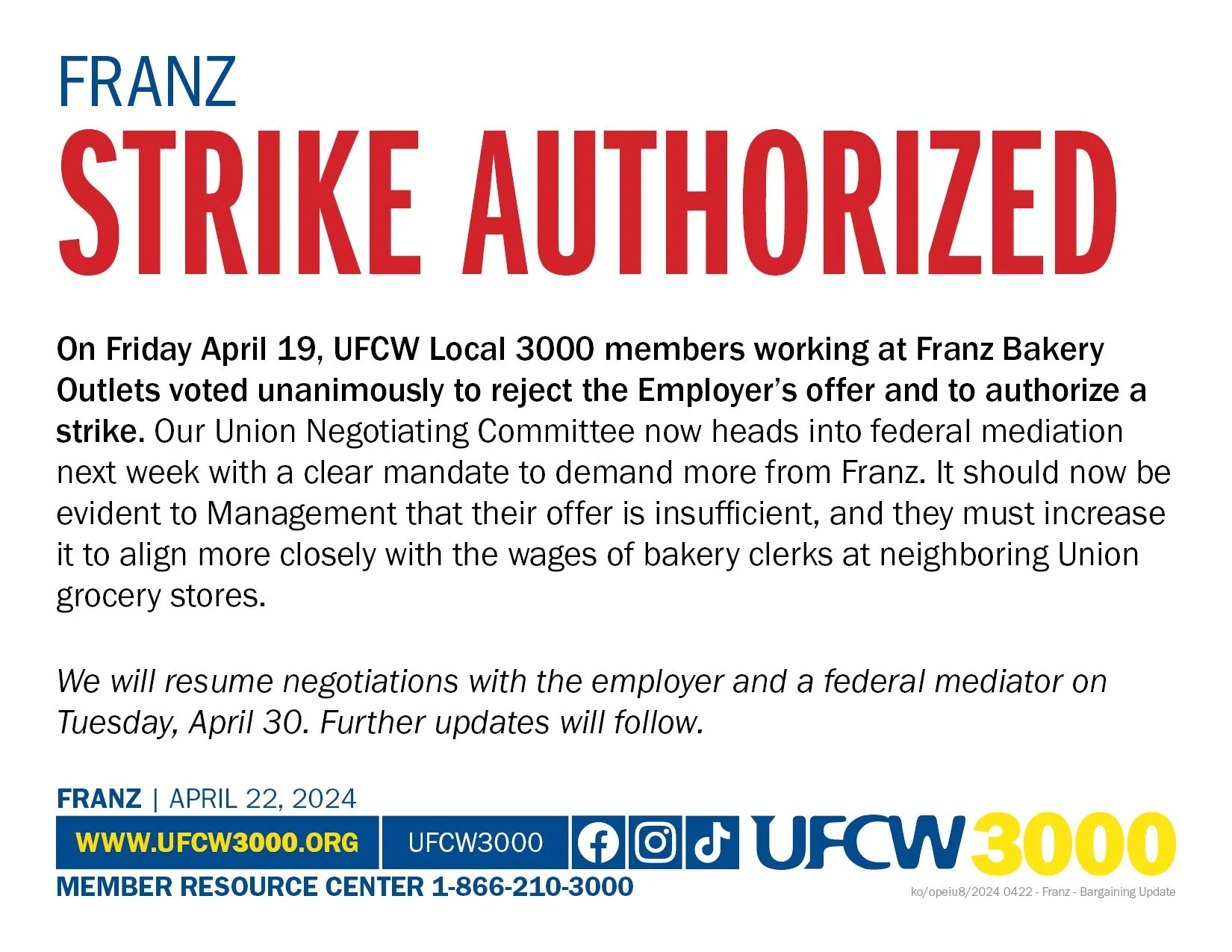 Franz Bakeries Strike Authorized