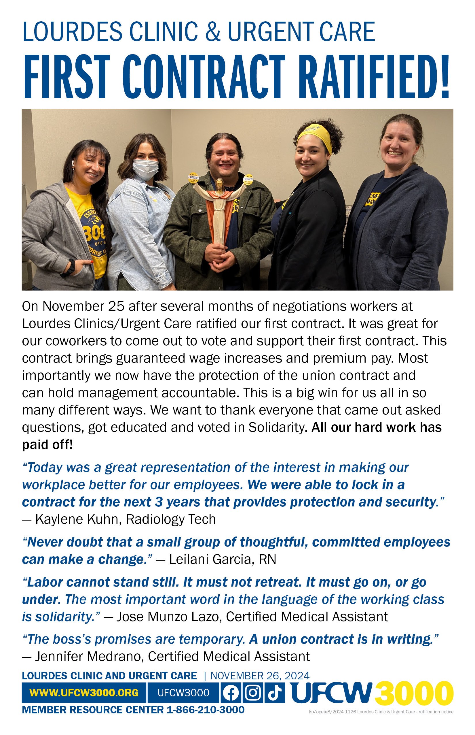 Lourdes Clinic &amp; Urgent Care First Contract Ratified!