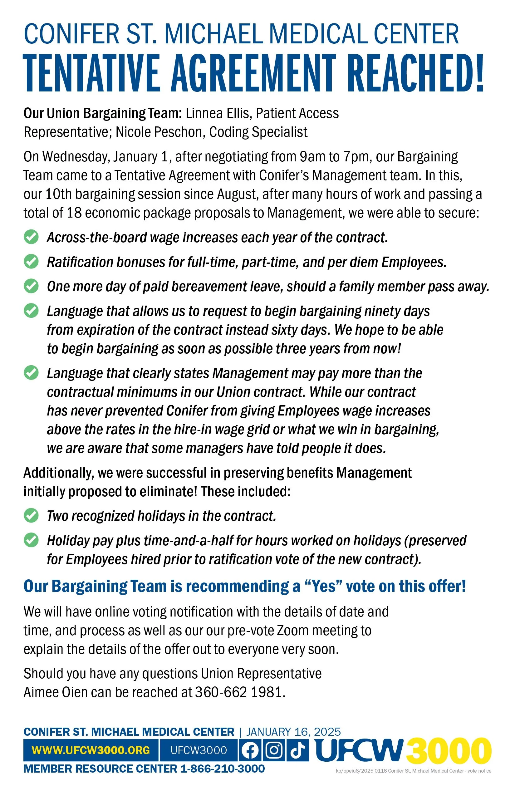 Conifer St. Michael Medical Center - Contract Vote Scheduled! Our Team Is Recommending A Yes Vote!